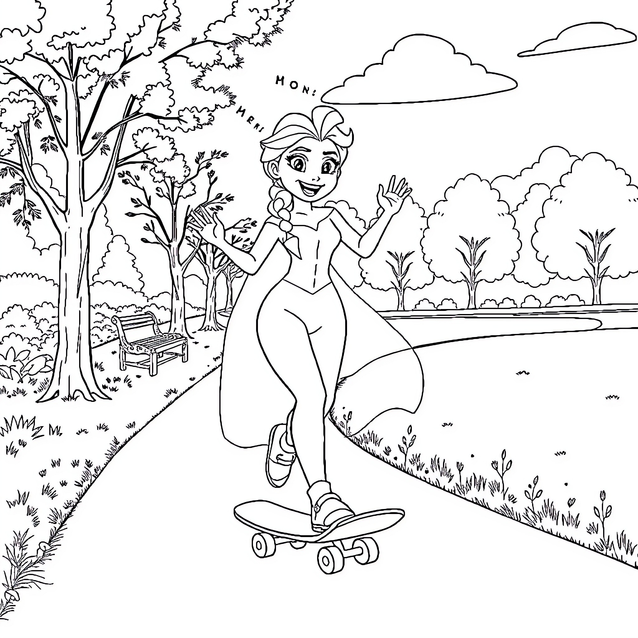 Elsa enjoying a skateboard ride in the park Coloring Page (free black-and-white line drawing printable PDF for all, from beginners to advanced learners, including children, teens, adults, and seniors)