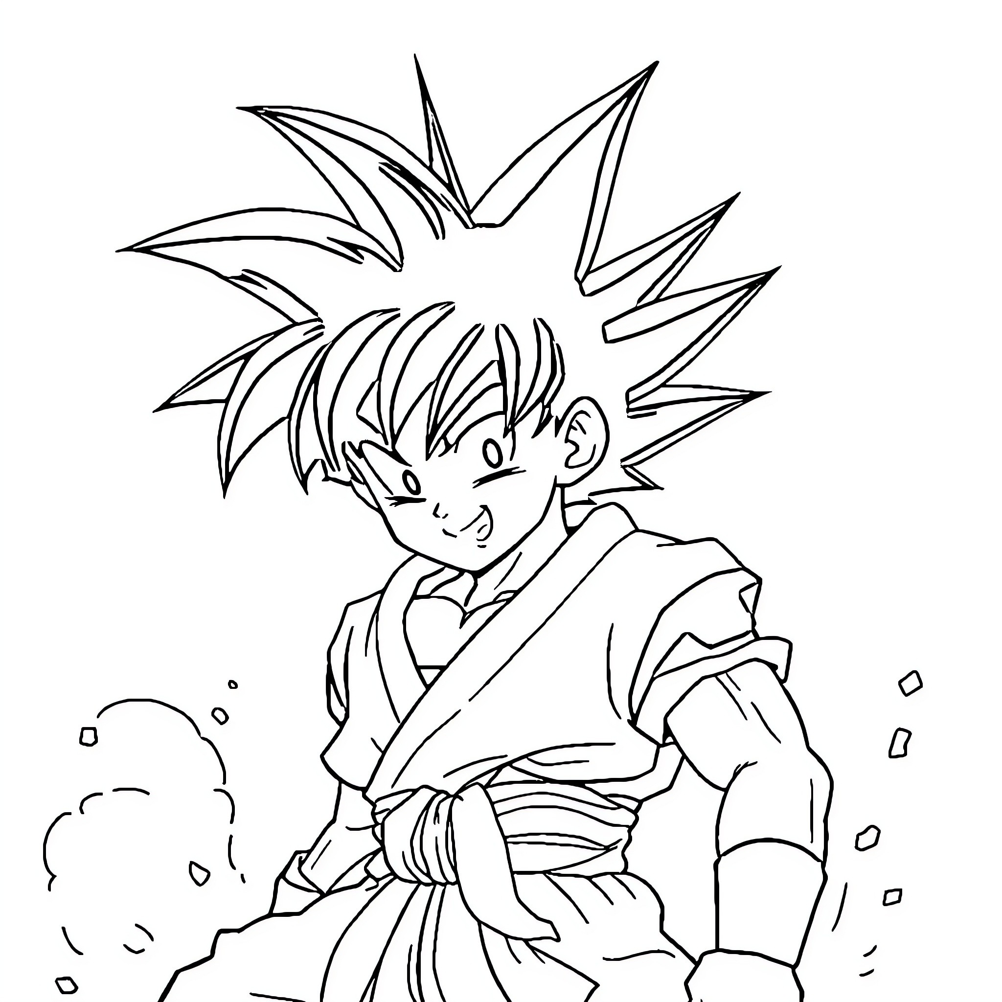 Son Goku charging up his energy for battle Coloring Page (free black-and-white line drawing printable PDF for all, from beginners to advanced learners, including children, teens, adults, and seniors)