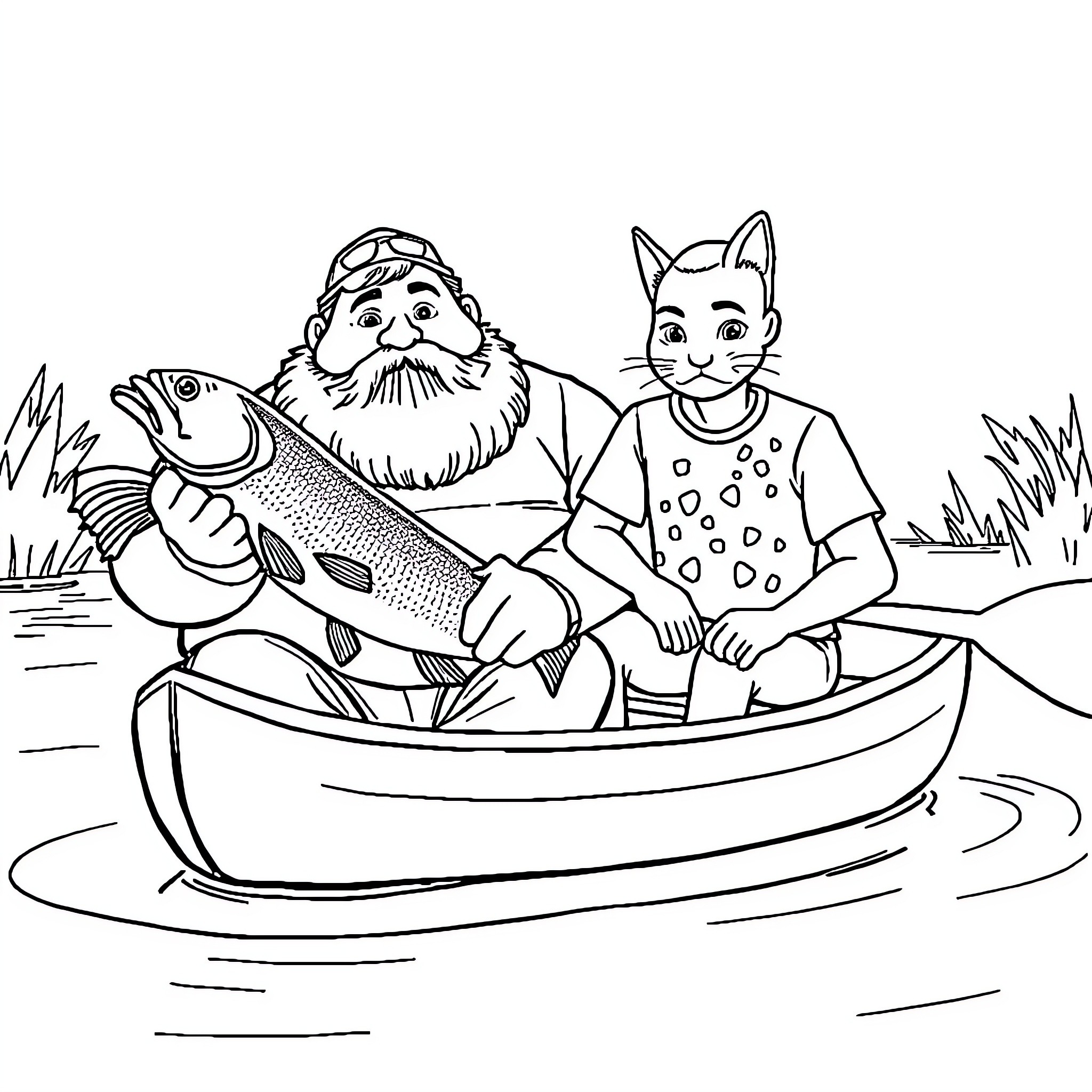 Canoe adventure with fishing and furry friends Coloring Page (free black-and-white line drawing printable PDF for all, from beginners to advanced learners, including children, teens, adults, and seniors)