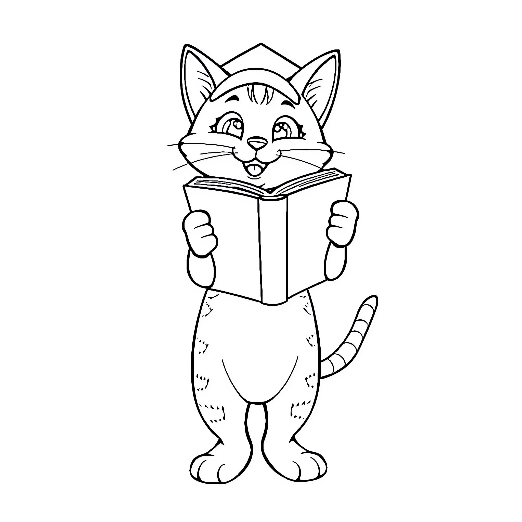 Cat reading a book happily Coloring Page (free black-and-white line drawing printable PDF for all, from beginners to advanced learners, including children, teens, adults, and seniors)