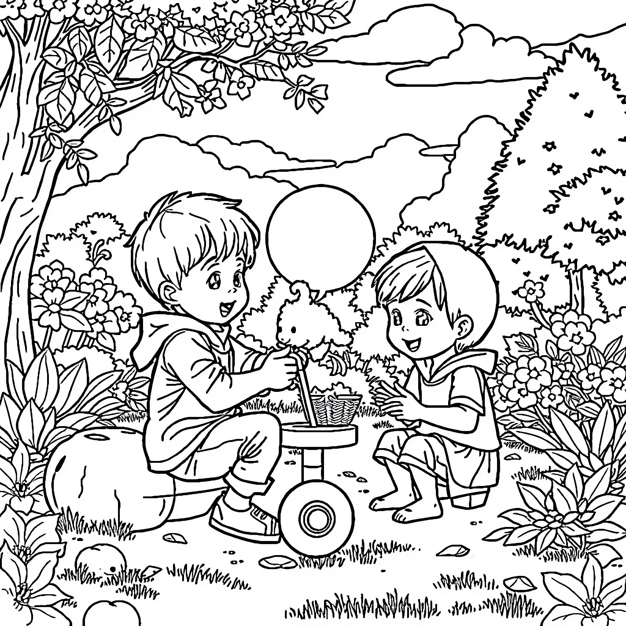 Children playing joyfully in a lush garden Coloring Page (free black-and-white line drawing printable PDF for all, from beginners to advanced learners, including children, teens, adults, and seniors)