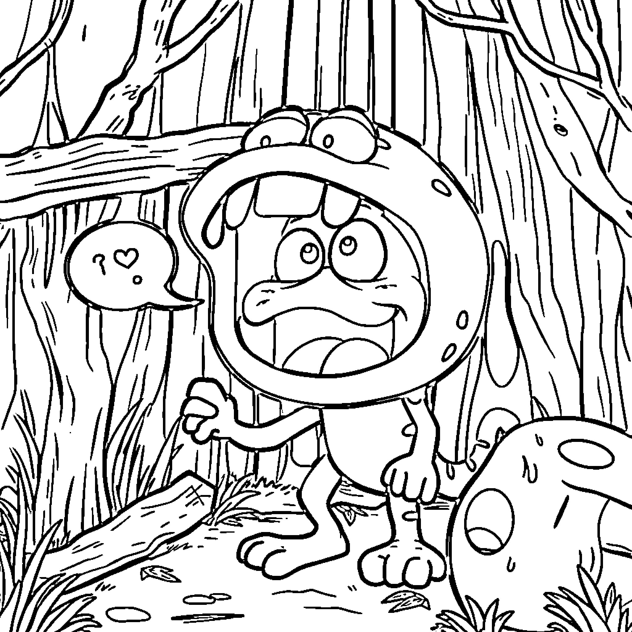 Trap Character Caught in Distress in the Wild Coloring Page (free black-and-white line drawing printable PDF for all, from beginners to advanced learners, including children, teens, adults, and seniors)
