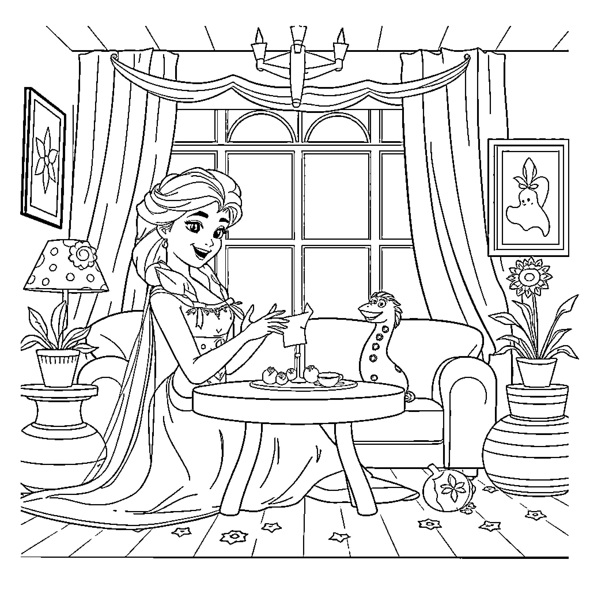 Elsa enjoying a cozy afternoon tea in a regal setting Coloring Page (free black-and-white line drawing printable PDF for all, from beginners to advanced learners, including children, teens, adults, and seniors)