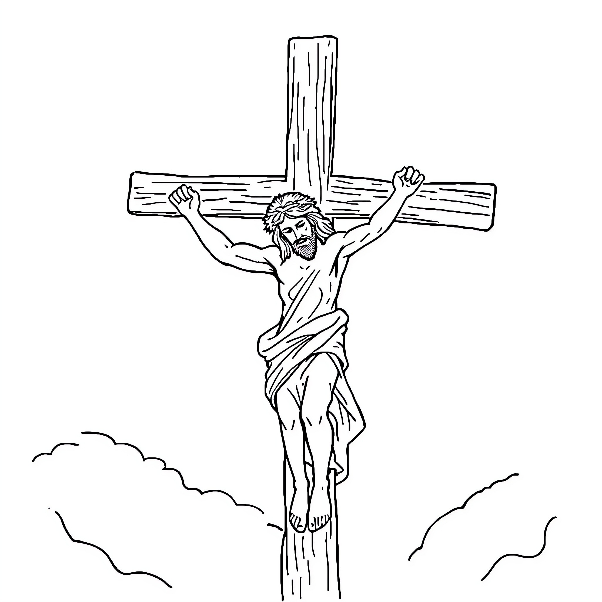 Jesus crucified on the cross Coloring Page (free black-and-white line drawing printable PDF for all, from beginners to advanced learners, including children, teens, adults, and seniors)