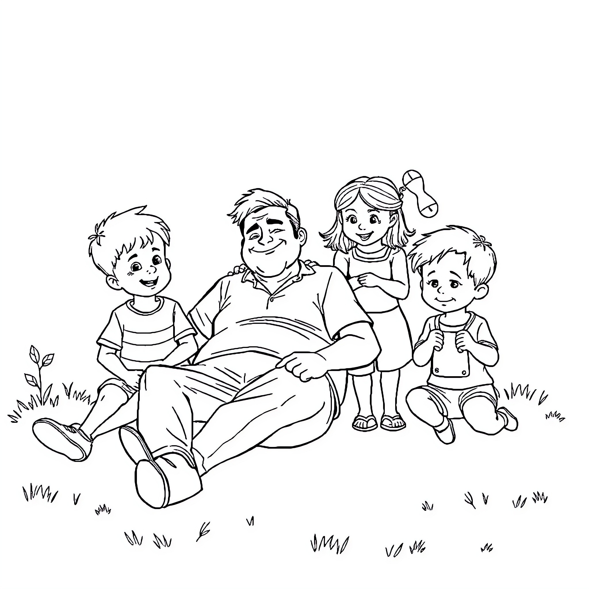 Dad enjoys an outdoor adventure with the family Coloring Page (free black-and-white line drawing printable PDF for all, from beginners to advanced learners, including children, teens, adults, and seniors)