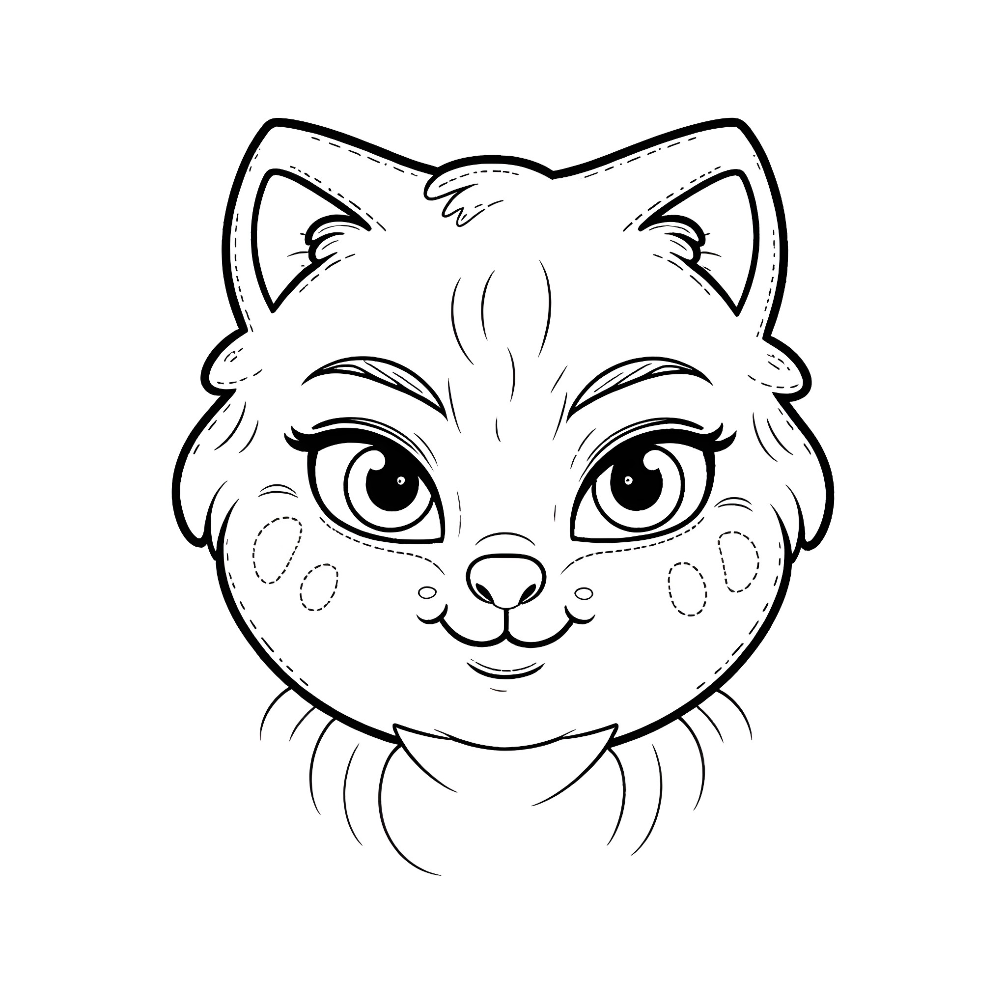 Face of a cute cat with big eyes Coloring Page (free black-and-white line drawing printable PDF for all, from beginners to advanced learners, including children, teens, adults, and seniors)