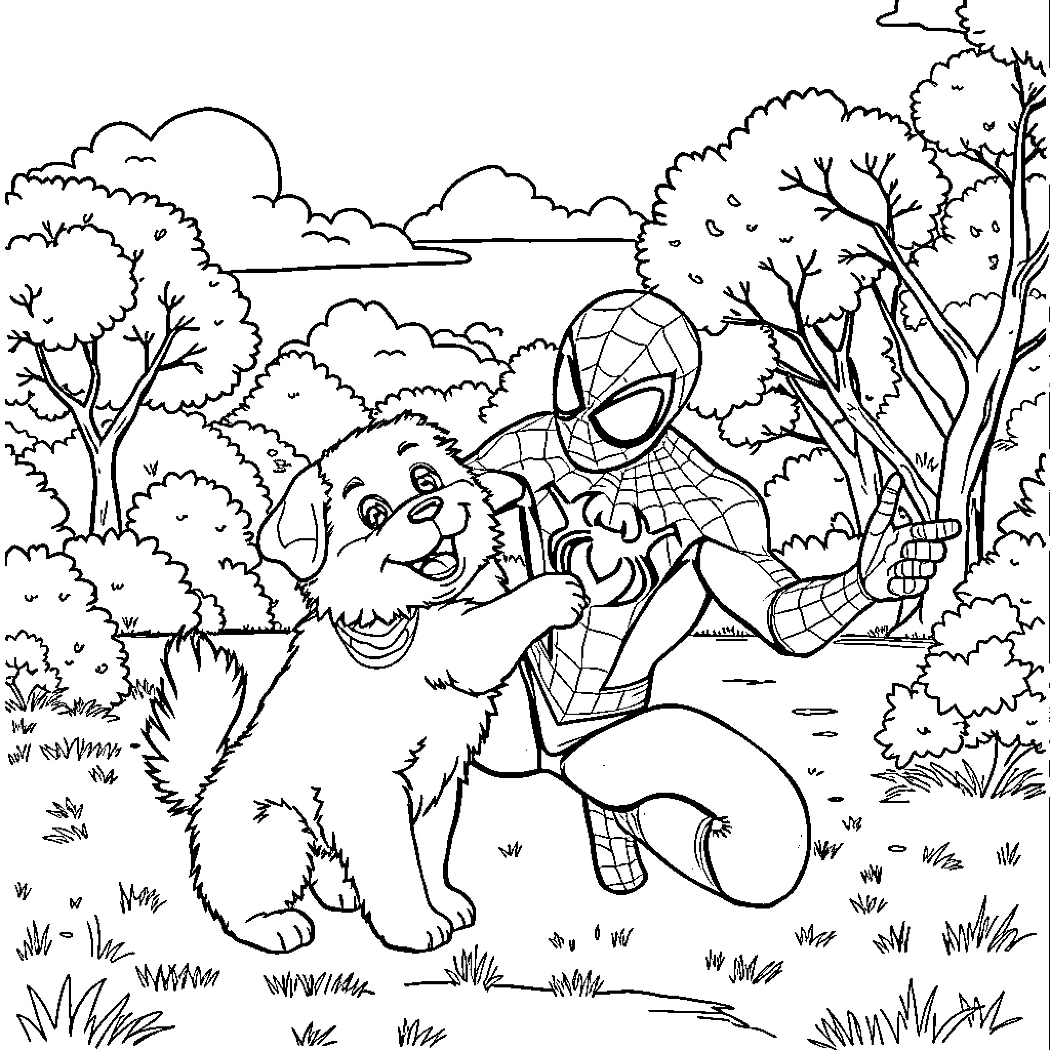 Spider-Man playing with an excited dog in the forest Coloring Page (free black-and-white line drawing printable PDF for all, from beginners to advanced learners, including children, teens, adults, and seniors)