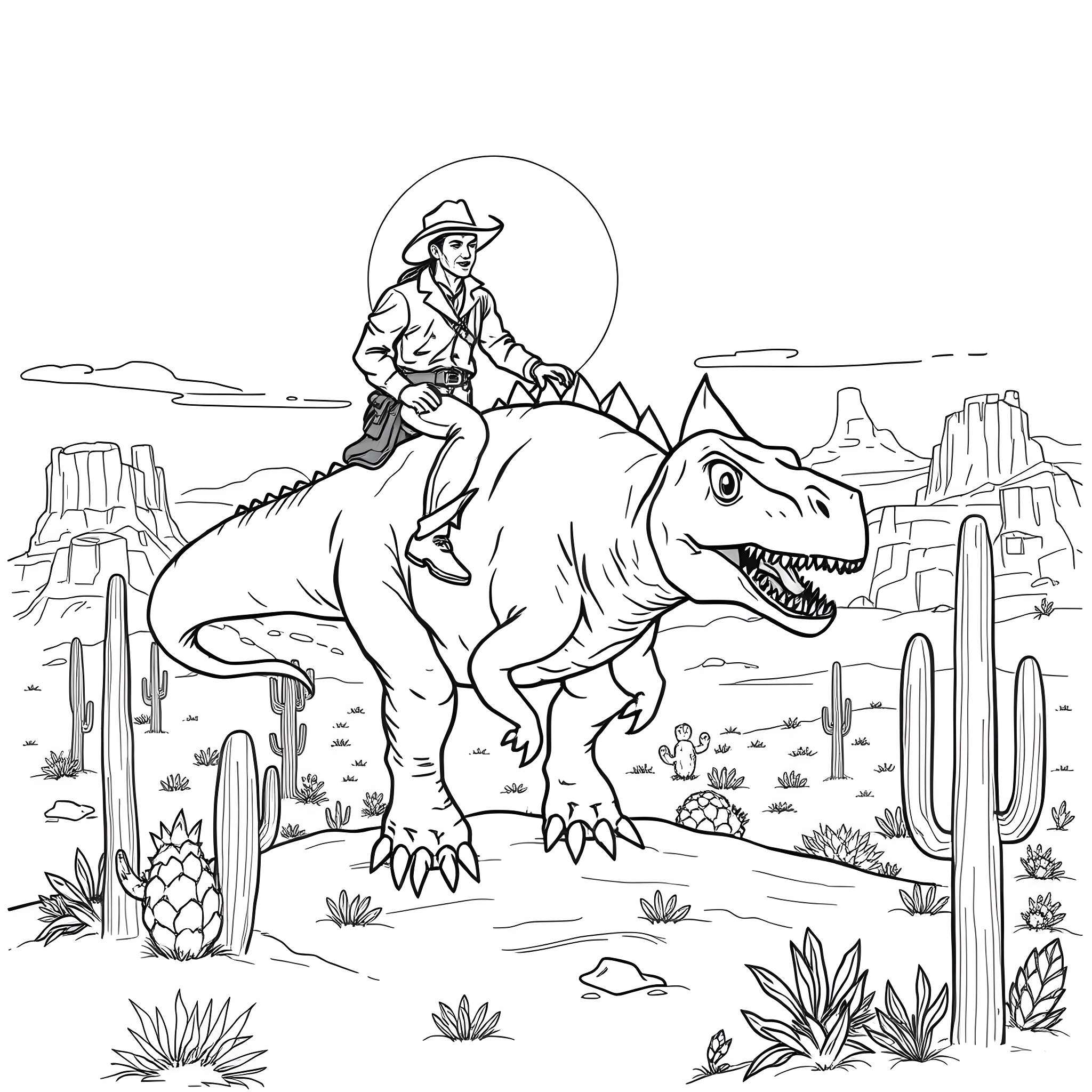 Cowboy riding a fierce dinosaur in the desert Coloring Page (free black-and-white line drawing printable PDF for all, from beginners to advanced learners, including children, teens, adults, and seniors)