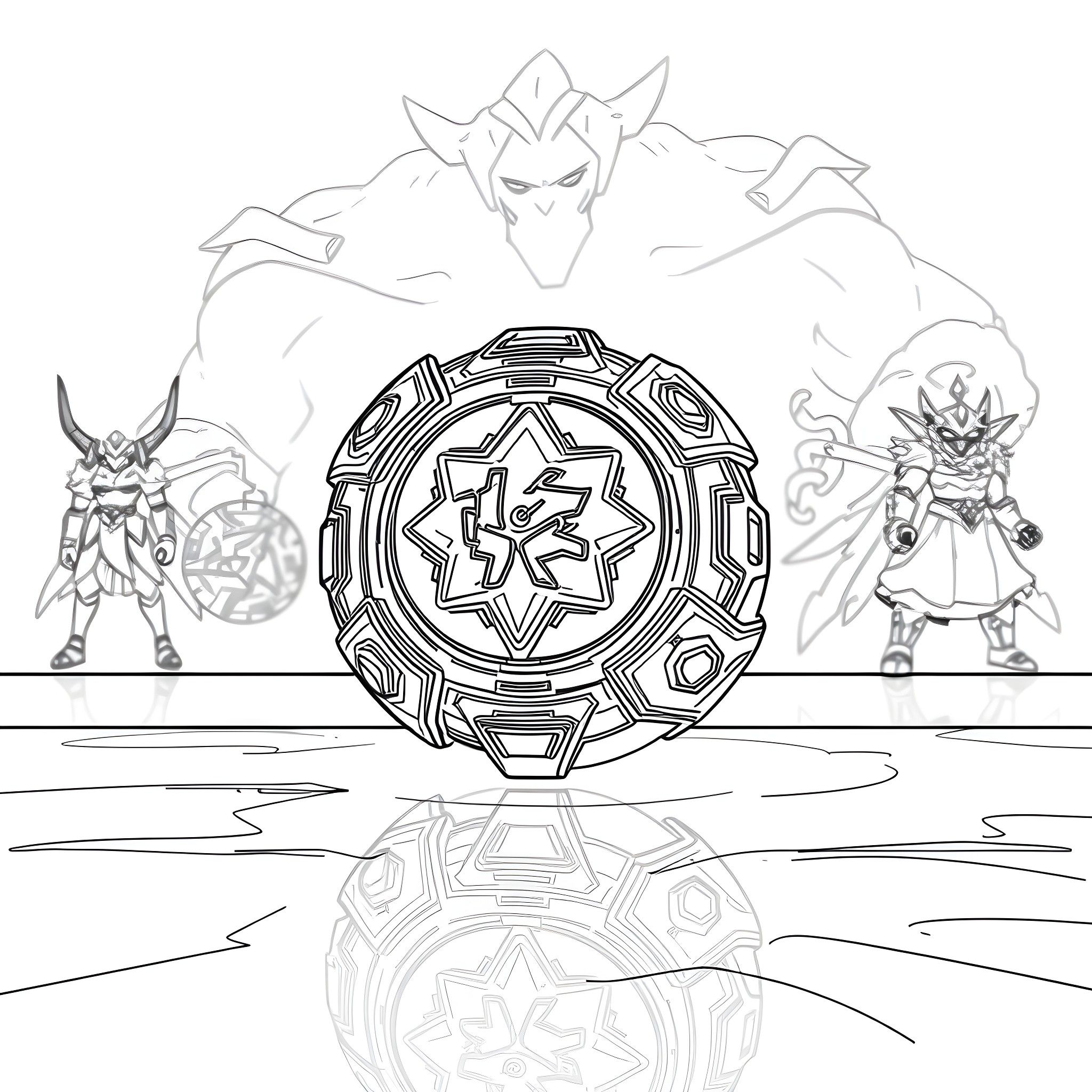 Bakugan characters engaging with magical orb in fantasy scene Coloring Page (free black-and-white line drawing printable PDF for all, from beginners to advanced learners, including children, teens, adults, and seniors)