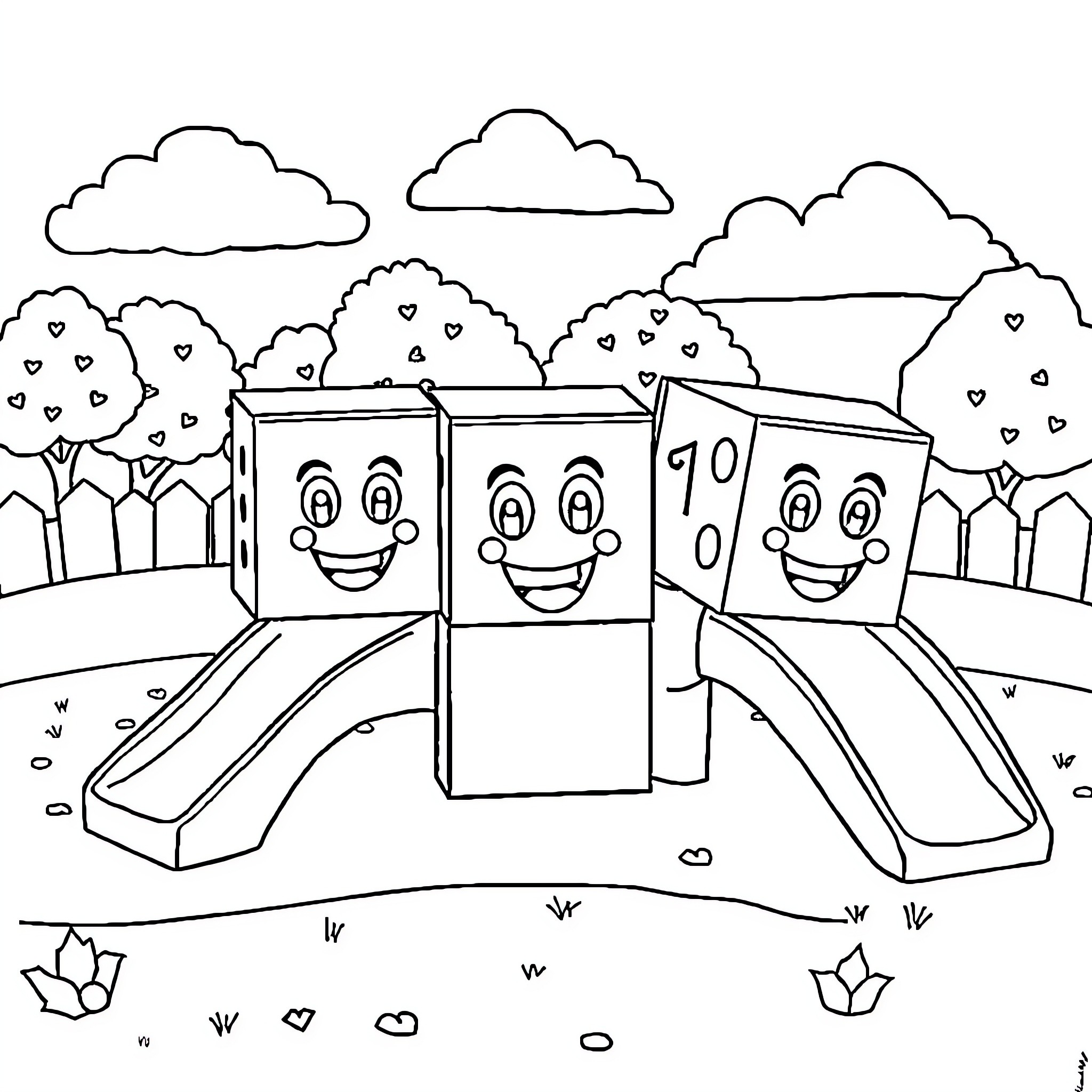 Numberblocks enjoying a day in the park Coloring Page (free black-and-white line drawing printable PDF for all, from beginners to advanced learners, including children, teens, adults, and seniors)