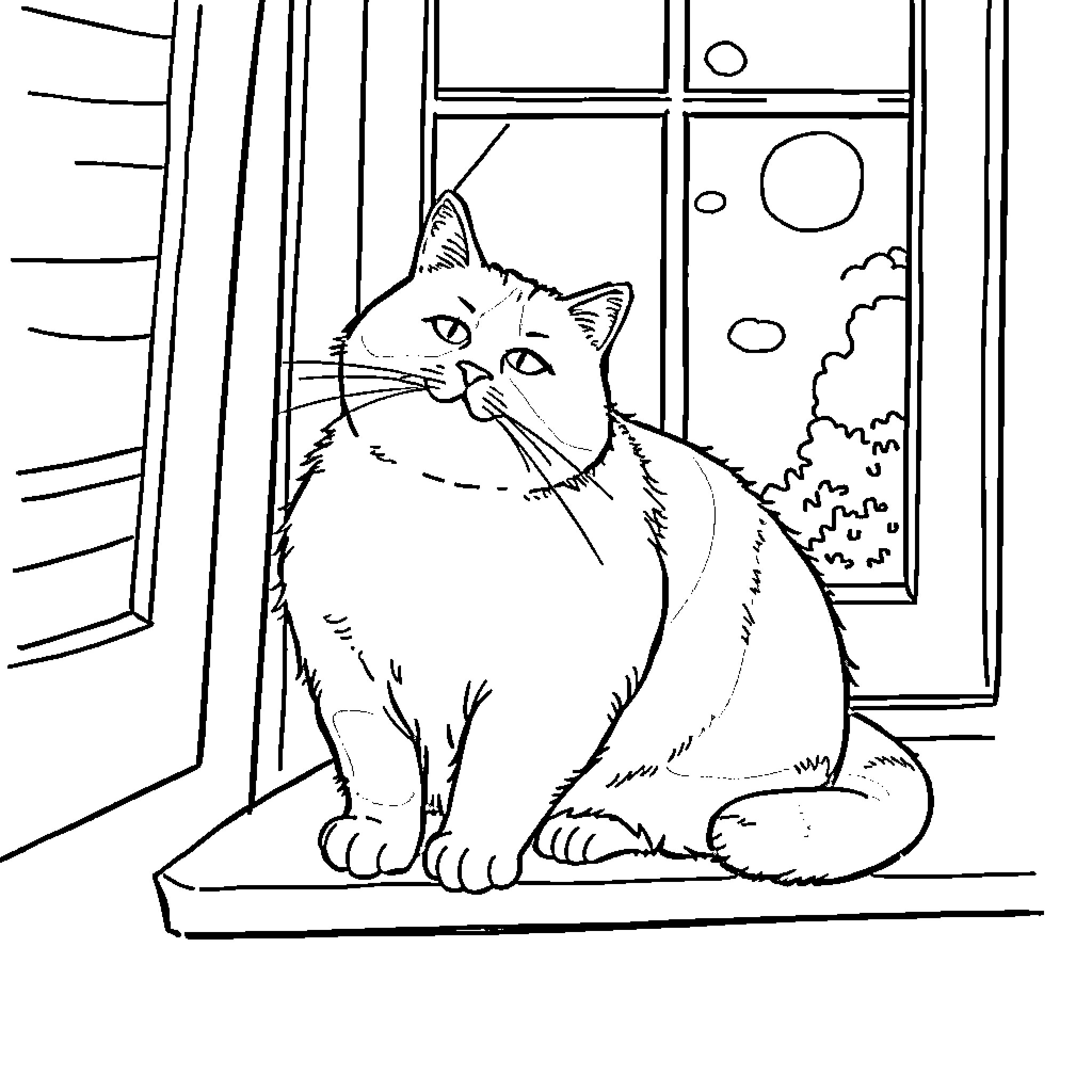 Cat Relaxing by the Window Coloring Page (free black-and-white line drawing printable PDF for all, from beginners to advanced learners, including children, teens, adults, and seniors)