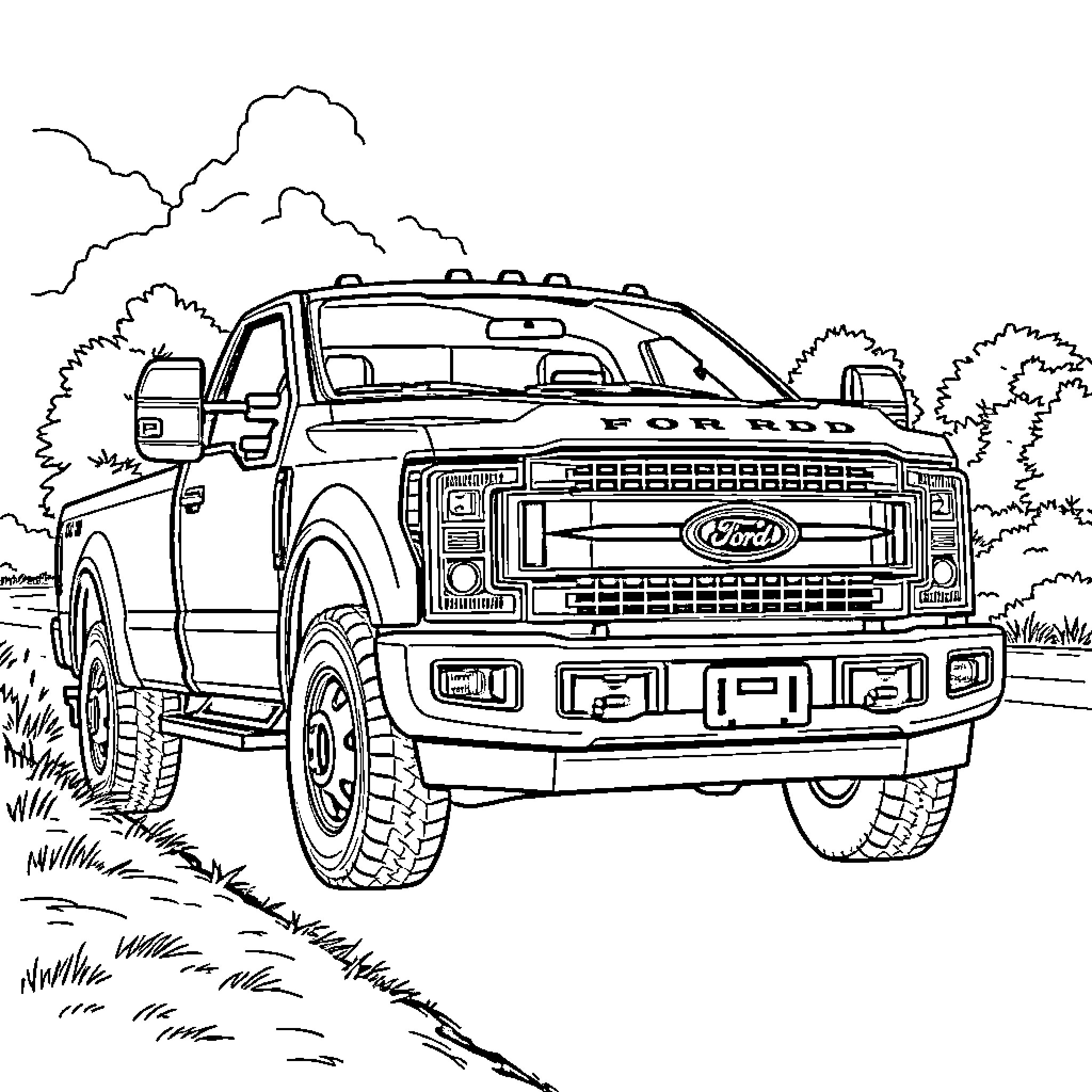 Ford Truck parked in outdoor scene Coloring Page (free black-and-white line drawing printable PDF for all, from beginners to advanced learners, including children, teens, adults, and seniors)