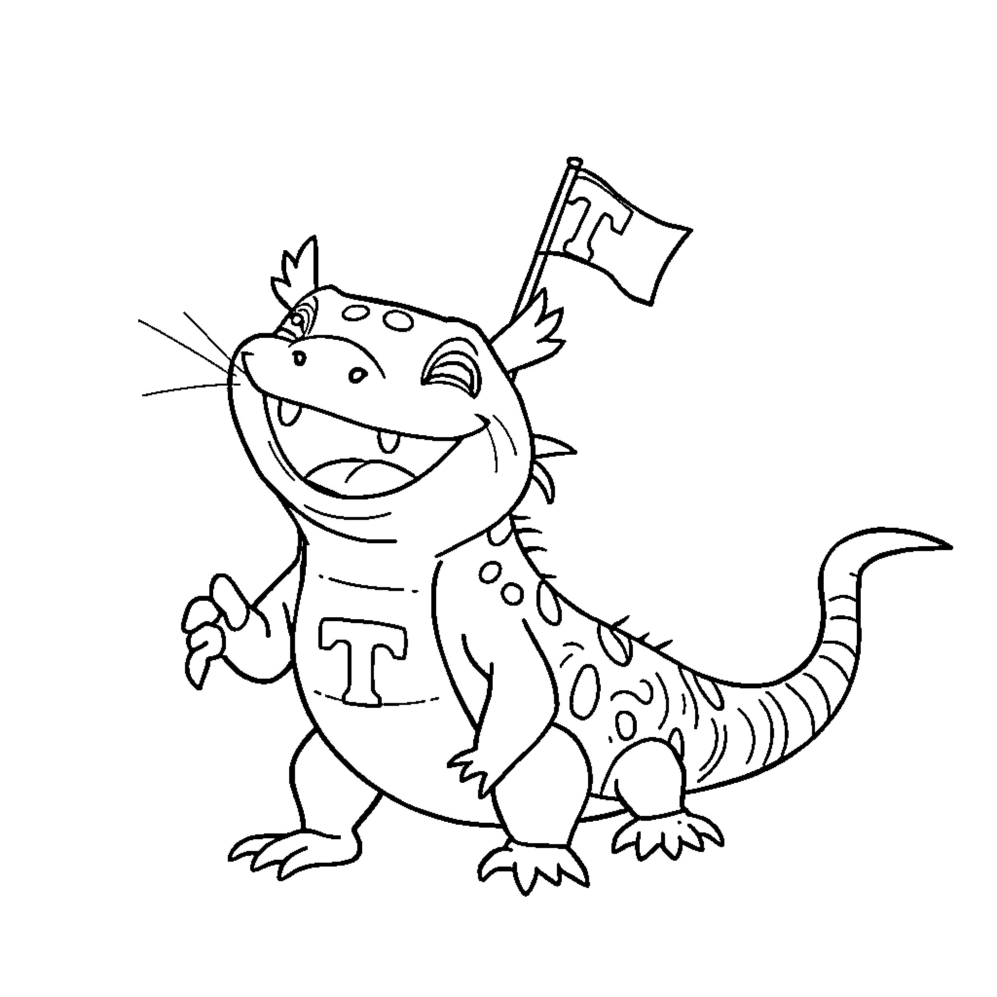 Axolotl excitedly waving a flag Coloring Page (free black-and-white line drawing printable PDF for all, from beginners to advanced learners, including children, teens, adults, and seniors)