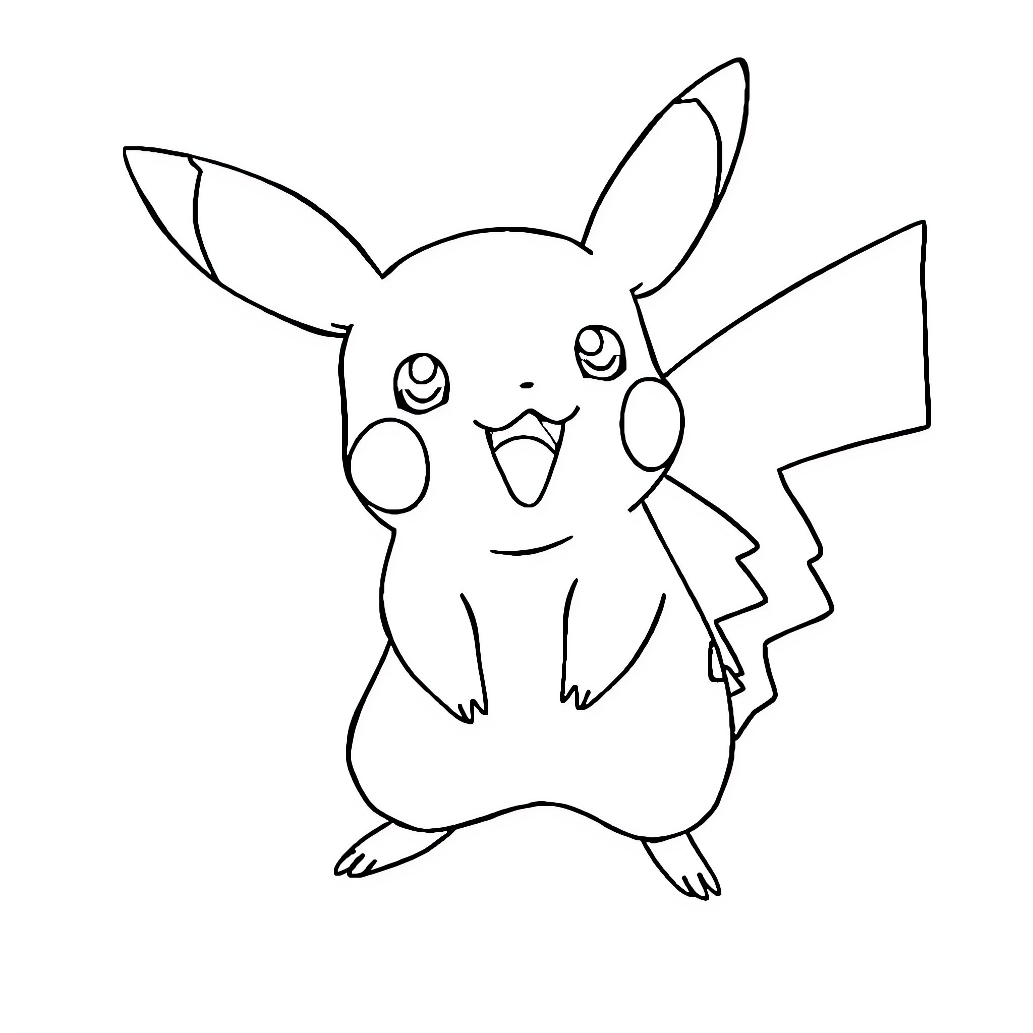 Pikachu happily waving to the viewer Coloring Page (free black-and-white line drawing printable PDF for all, from beginners to advanced learners, including children, teens, adults, and seniors)