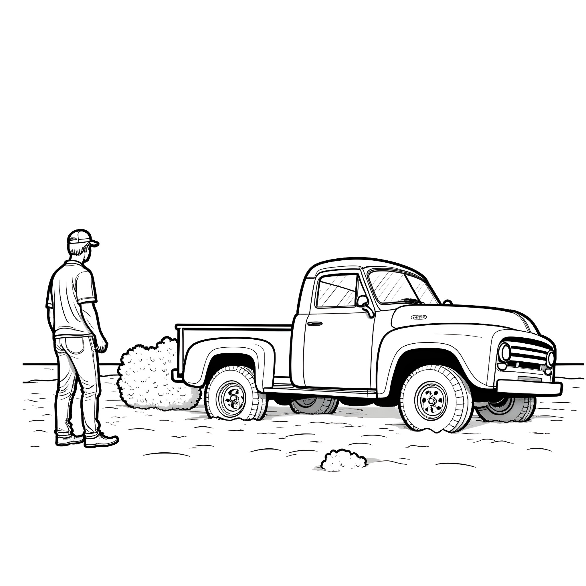 Man standing next to classic pickup truck Coloring Page (free black-and-white line drawing printable PDF for all, from beginners to advanced learners, including children, teens, adults, and seniors)