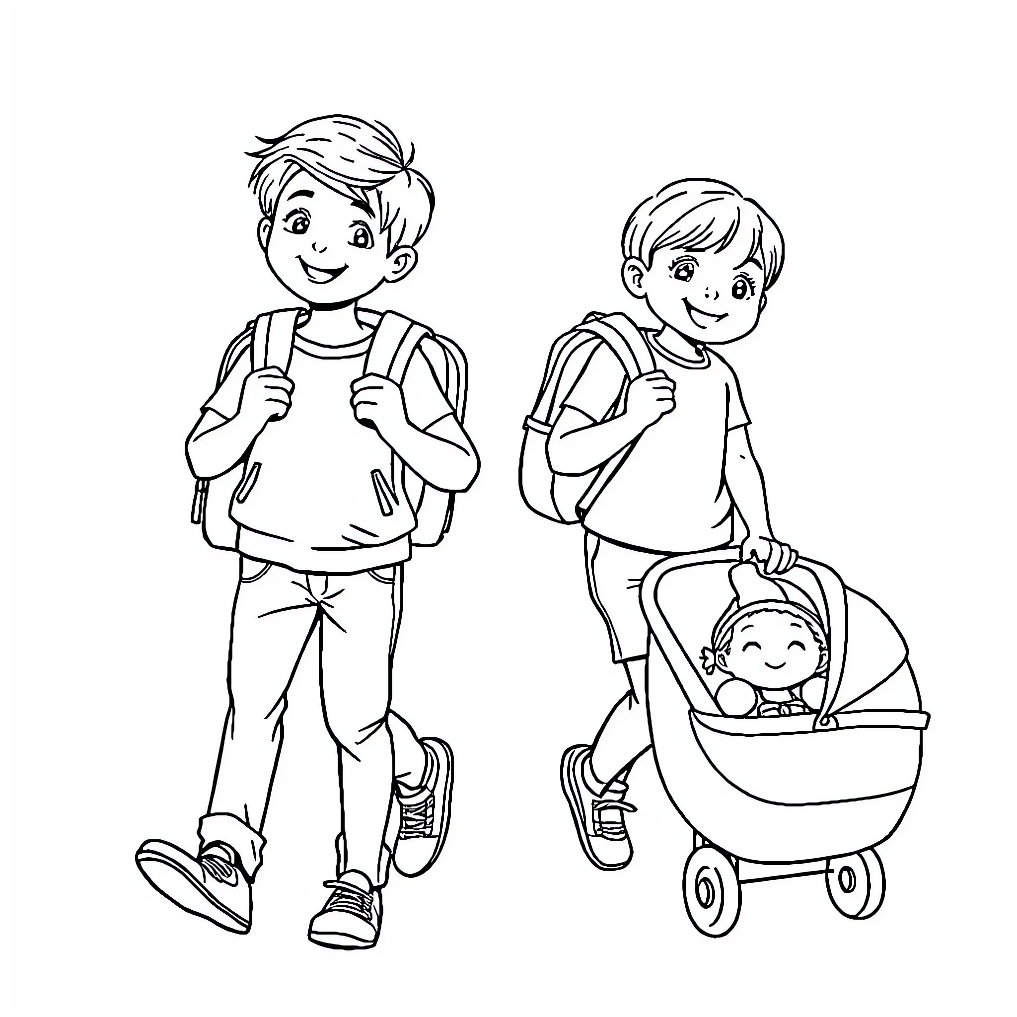 Enfant brothers exploring the neighborhood Coloring Page (free black-and-white line drawing printable PDF for all, from beginners to advanced learners, including children, teens, adults, and seniors)