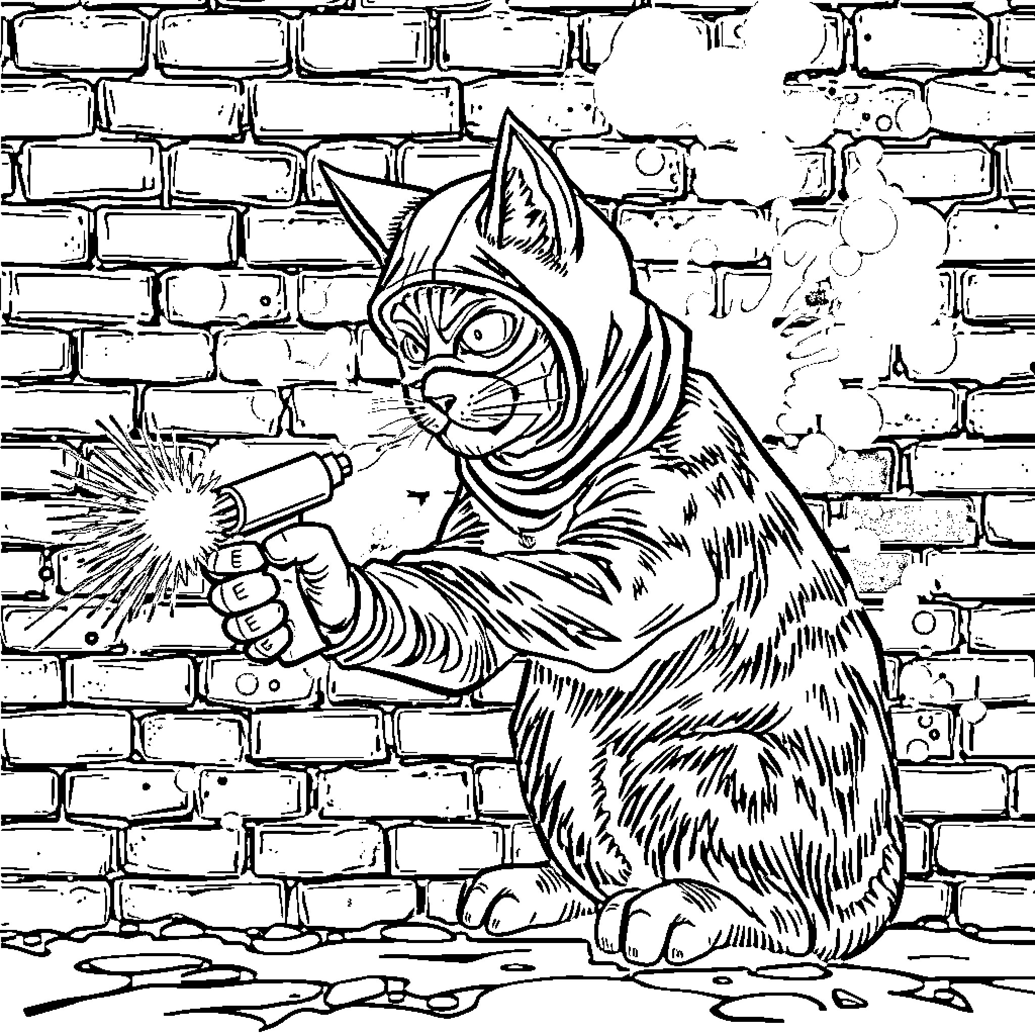 Cat wielding a weapon on brick wall Coloring Page (free black-and-white line drawing printable PDF for all, from beginners to advanced learners, including children, teens, adults, and seniors)