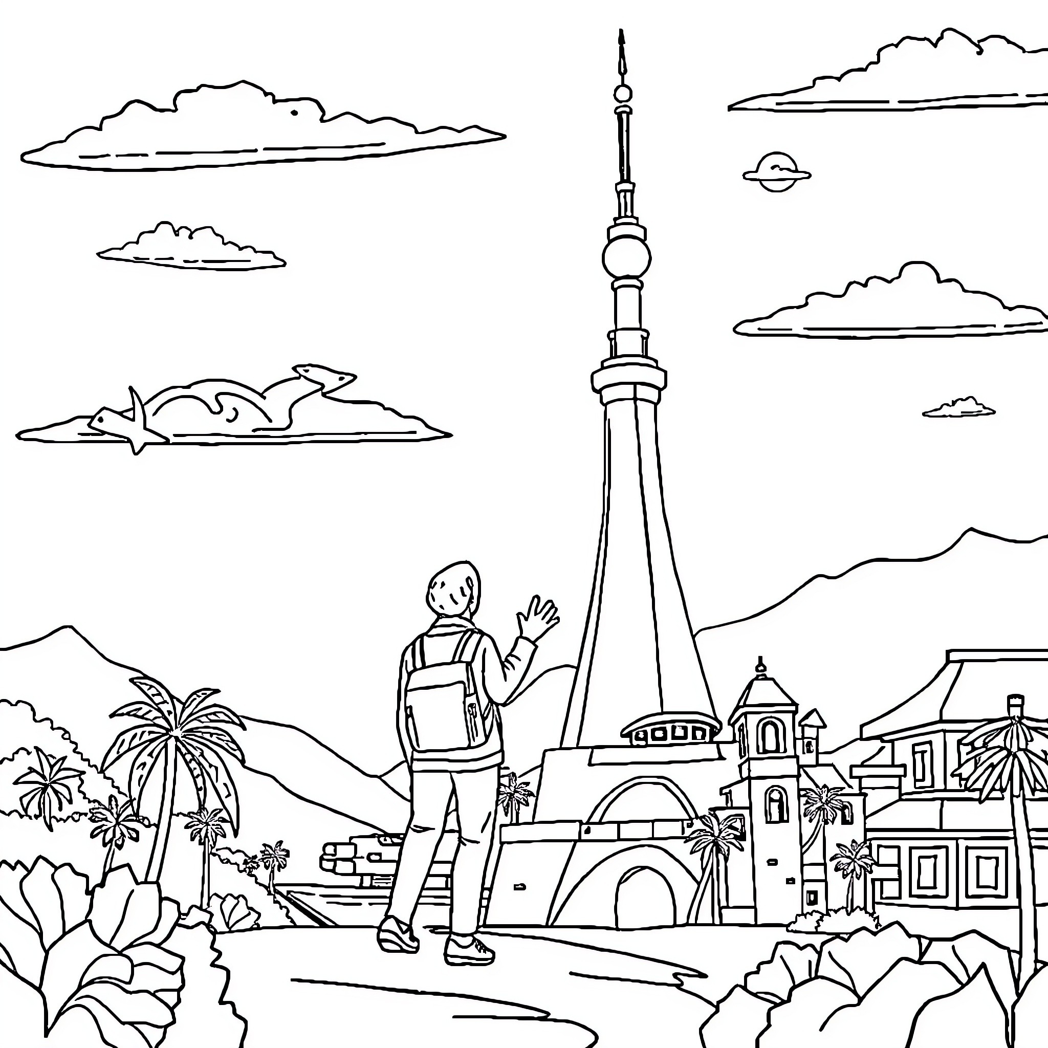 Travel to a vibrant urban landscape Coloring Page (free black-and-white line drawing printable PDF for all, from beginners to advanced learners, including children, teens, adults, and seniors)