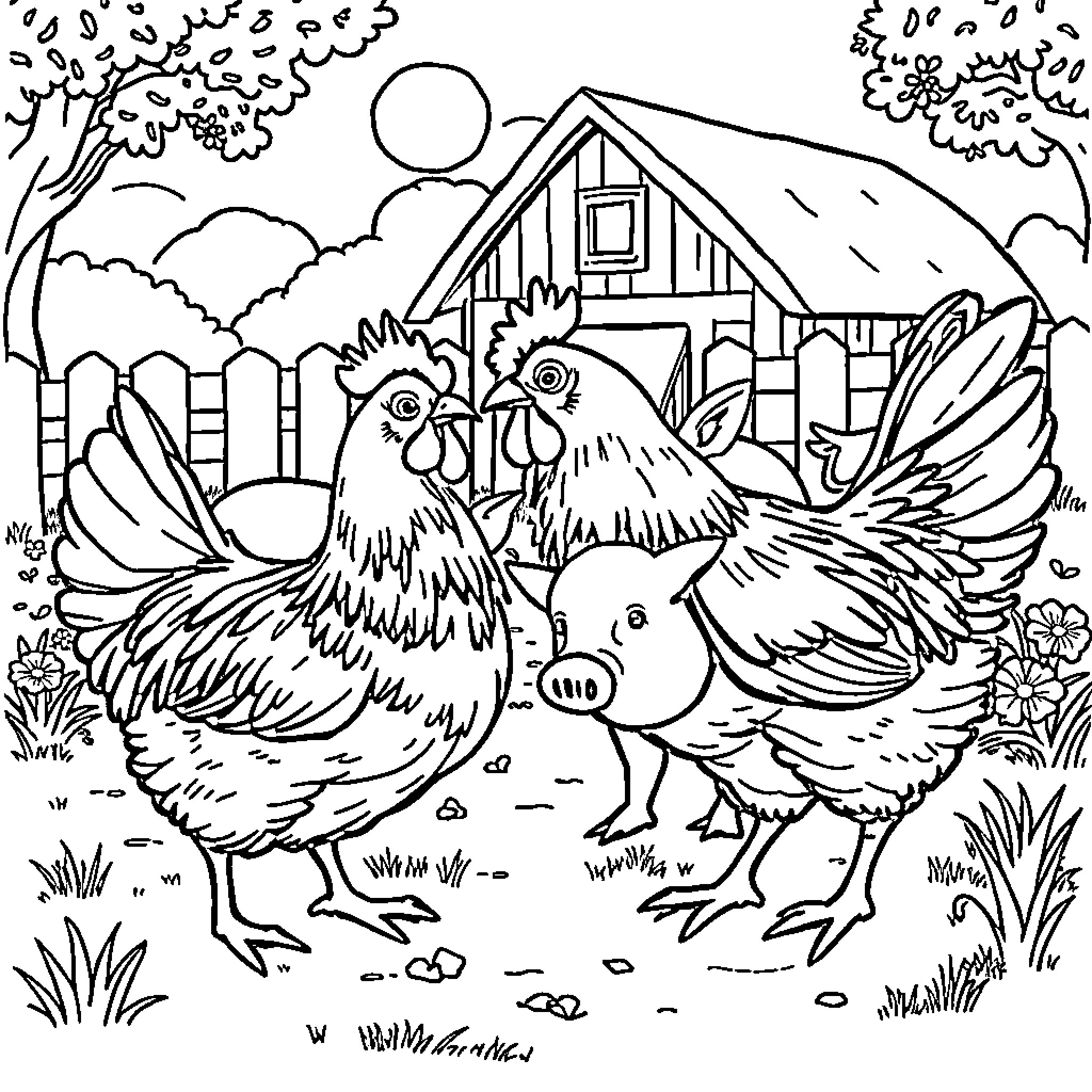 Chicken family enjoying a peaceful rural scene Coloring Page (free black-and-white line drawing printable PDF for all, from beginners to advanced learners, including children, teens, adults, and seniors)
