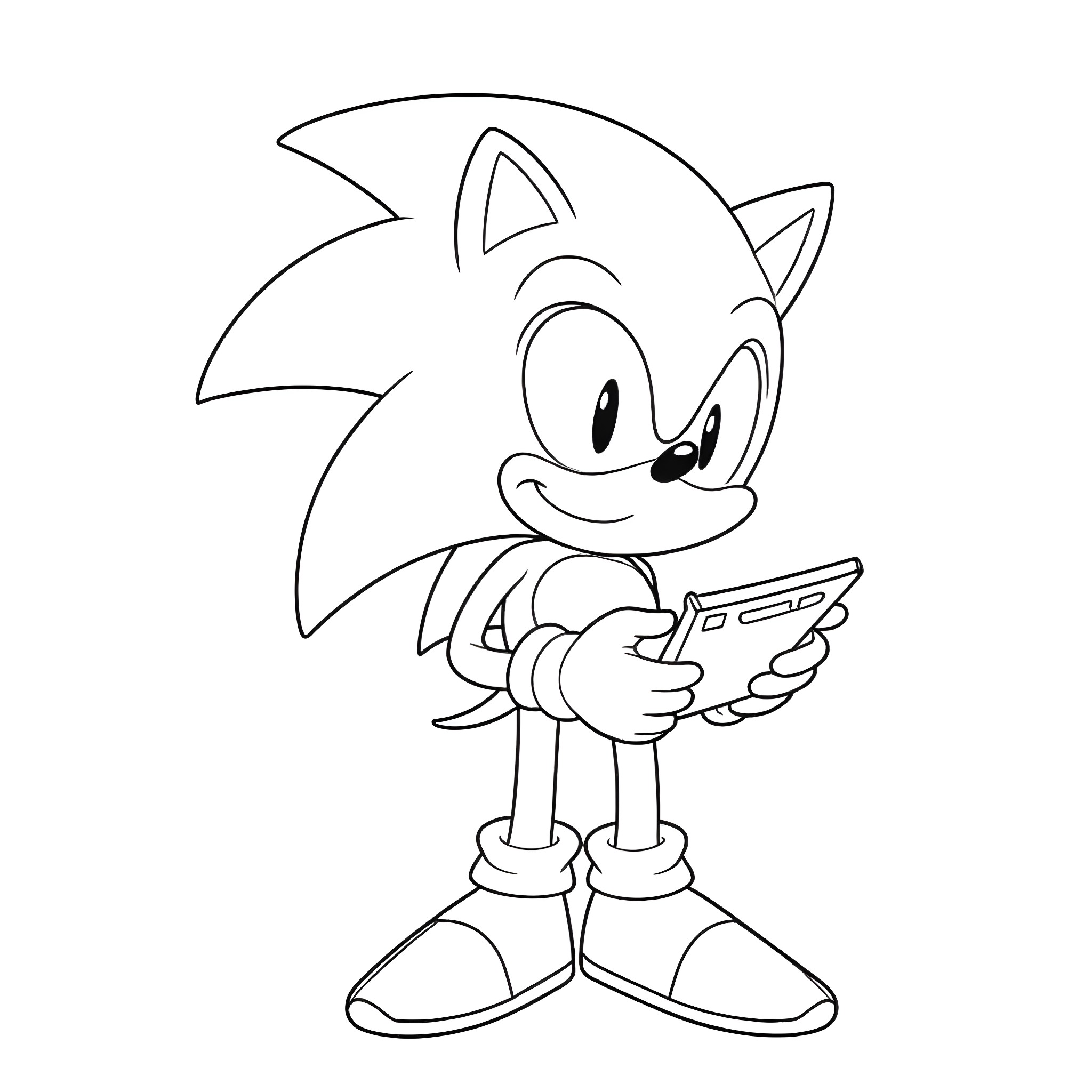 Sonic the Hedgehog holding a device Coloring Page (free black-and-white line drawing printable PDF for all, from beginners to advanced learners, including children, teens, adults, and seniors)