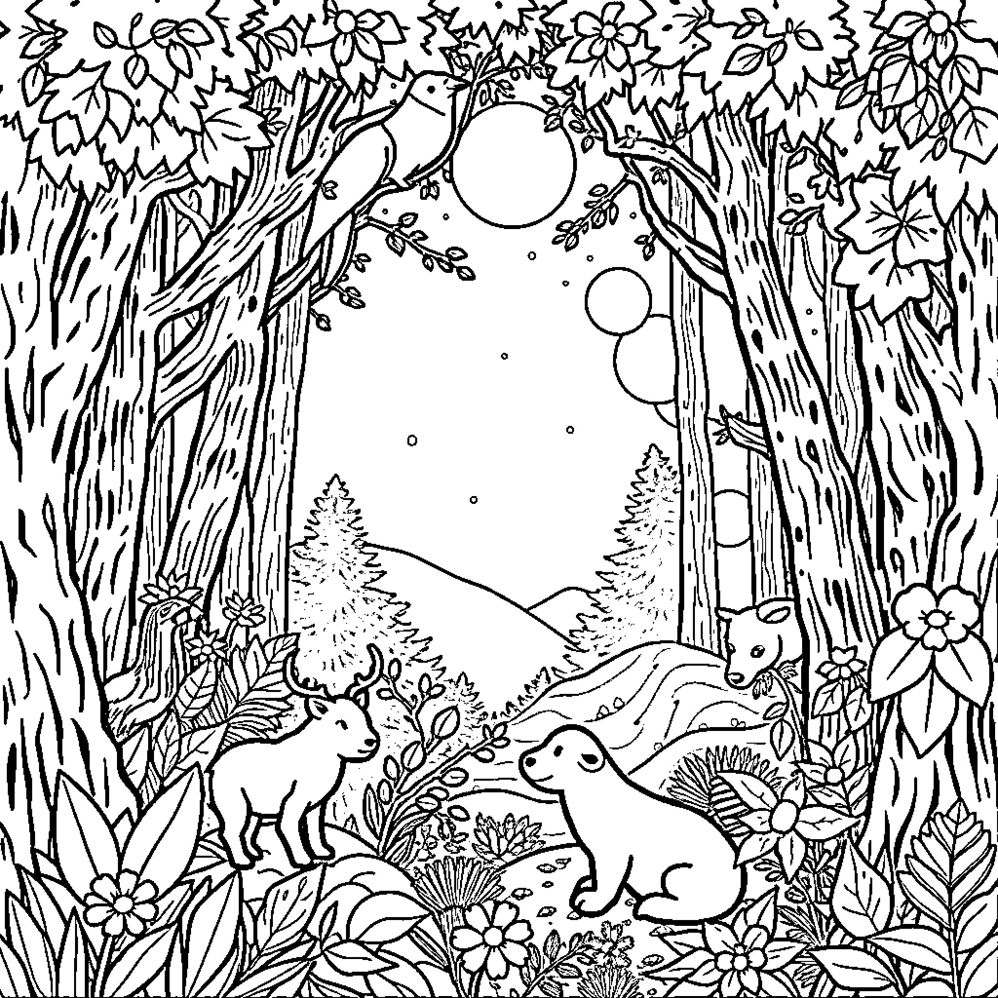 Animal Woodland Scene with Rabbits and Flowers Coloring Page (free black-and-white line drawing printable PDF for all, from beginners to advanced learners, including children, teens, adults, and seniors)