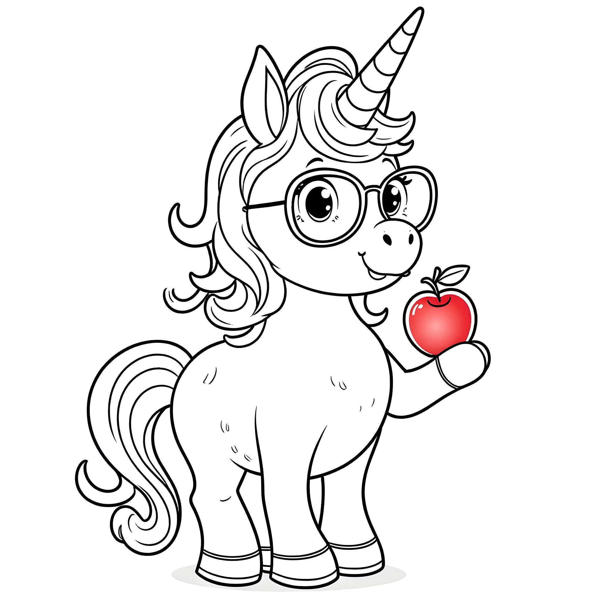 Unicorn holding a heart-shaped apple Coloring Page (free black-and-white line drawing printable PDF for all, from beginners to advanced learners, including children, teens, adults, and seniors)