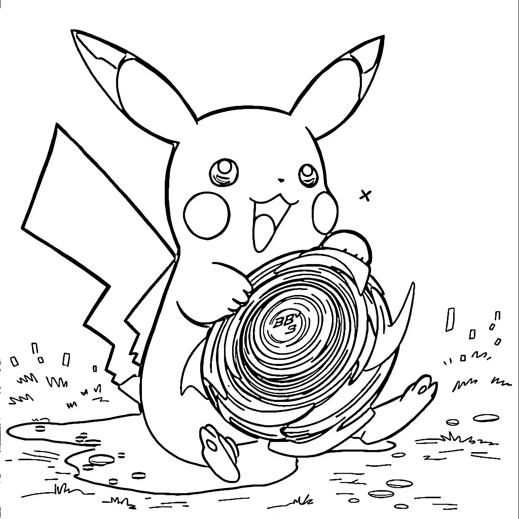 Pikachu creating whirlwind of imagination Coloring Page (free black-and-white line drawing printable PDF for all, from beginners to advanced learners, including children, teens, adults, and seniors)