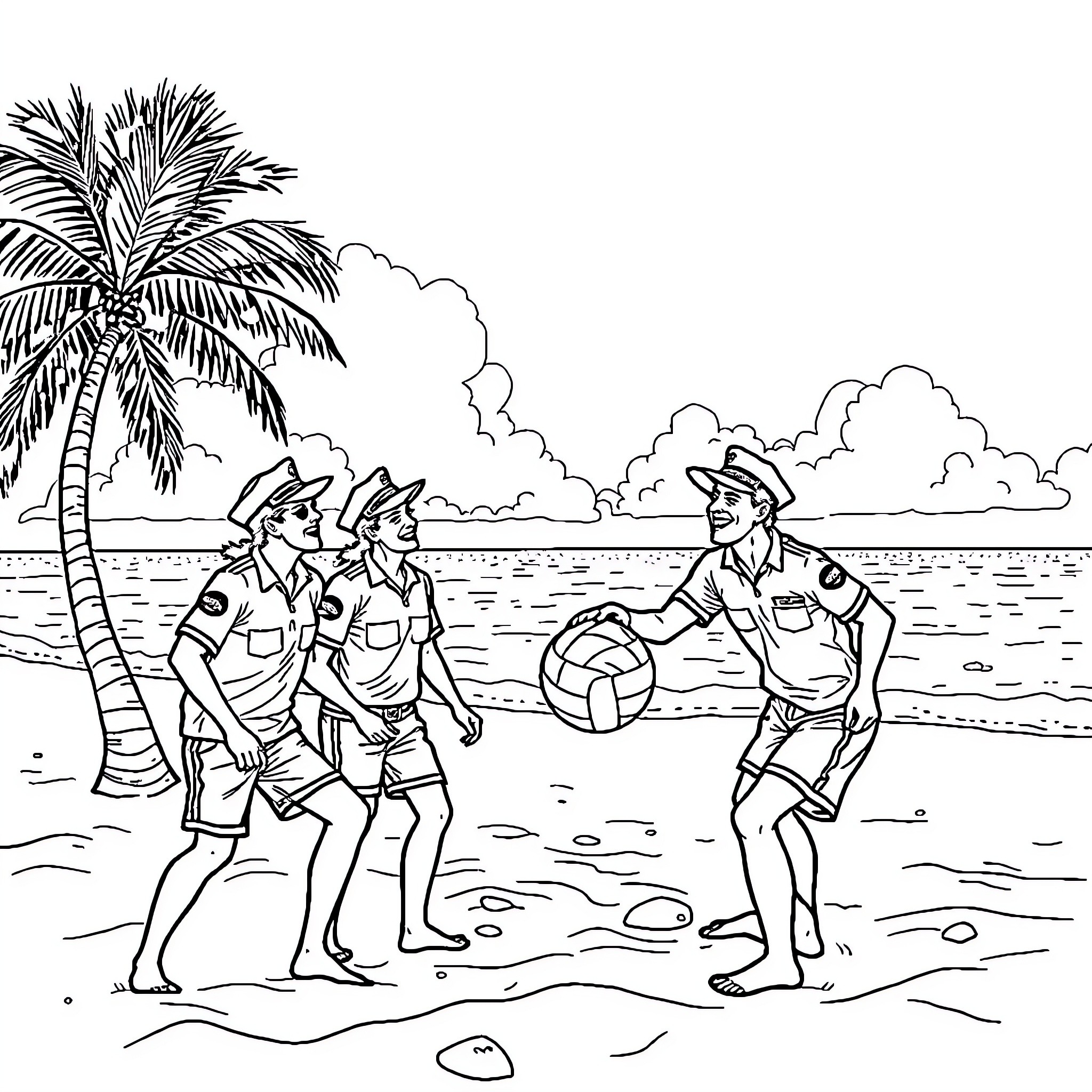 Coast Guard personnel engaged in beach activities Coloring Page (free black-and-white line drawing printable PDF for all, from beginners to advanced learners, including children, teens, adults, and seniors)