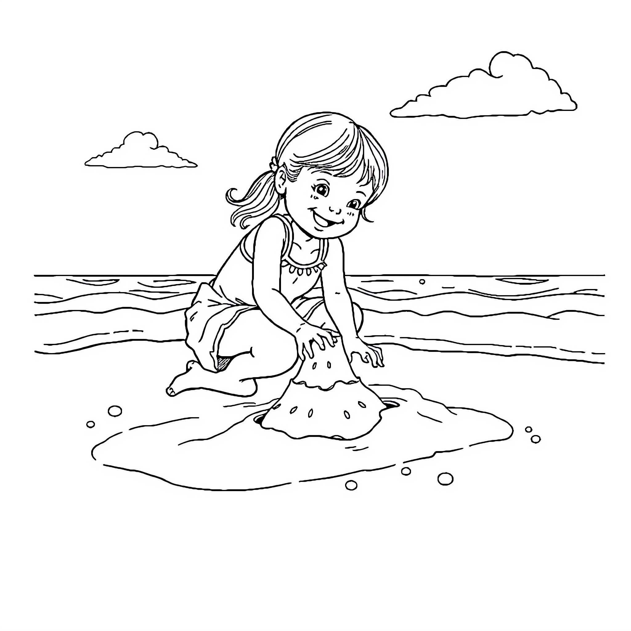Girl playing happily in the sand at the beach Coloring Page (free black-and-white line drawing printable PDF for all, from beginners to advanced learners, including children, teens, adults, and seniors)