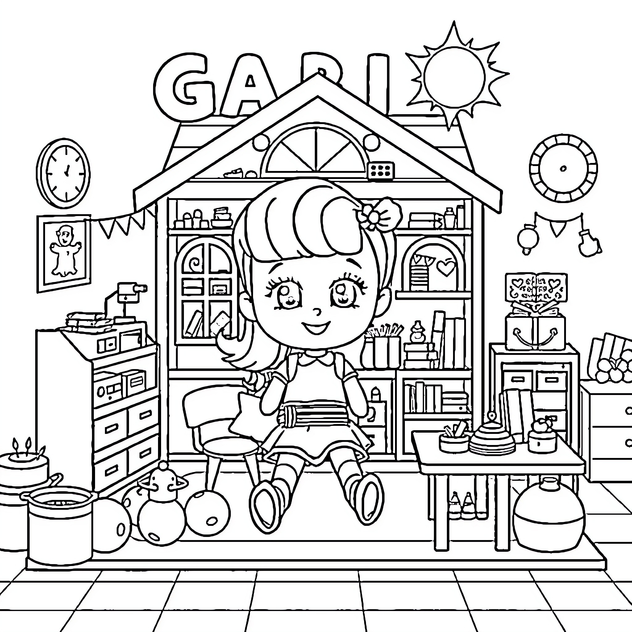 Dollhouse with a cheerful child playing inside Coloring Page (free black-and-white line drawing printable PDF for all, from beginners to advanced learners, including children, teens, adults, and seniors)