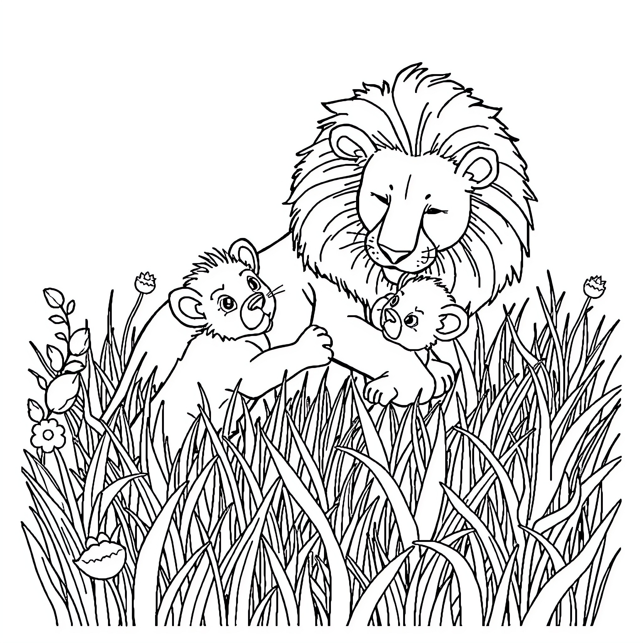 Lion family enjoying the natural scenery Coloring Page (free black-and-white line drawing printable PDF for all, from beginners to advanced learners, including children, teens, adults, and seniors)