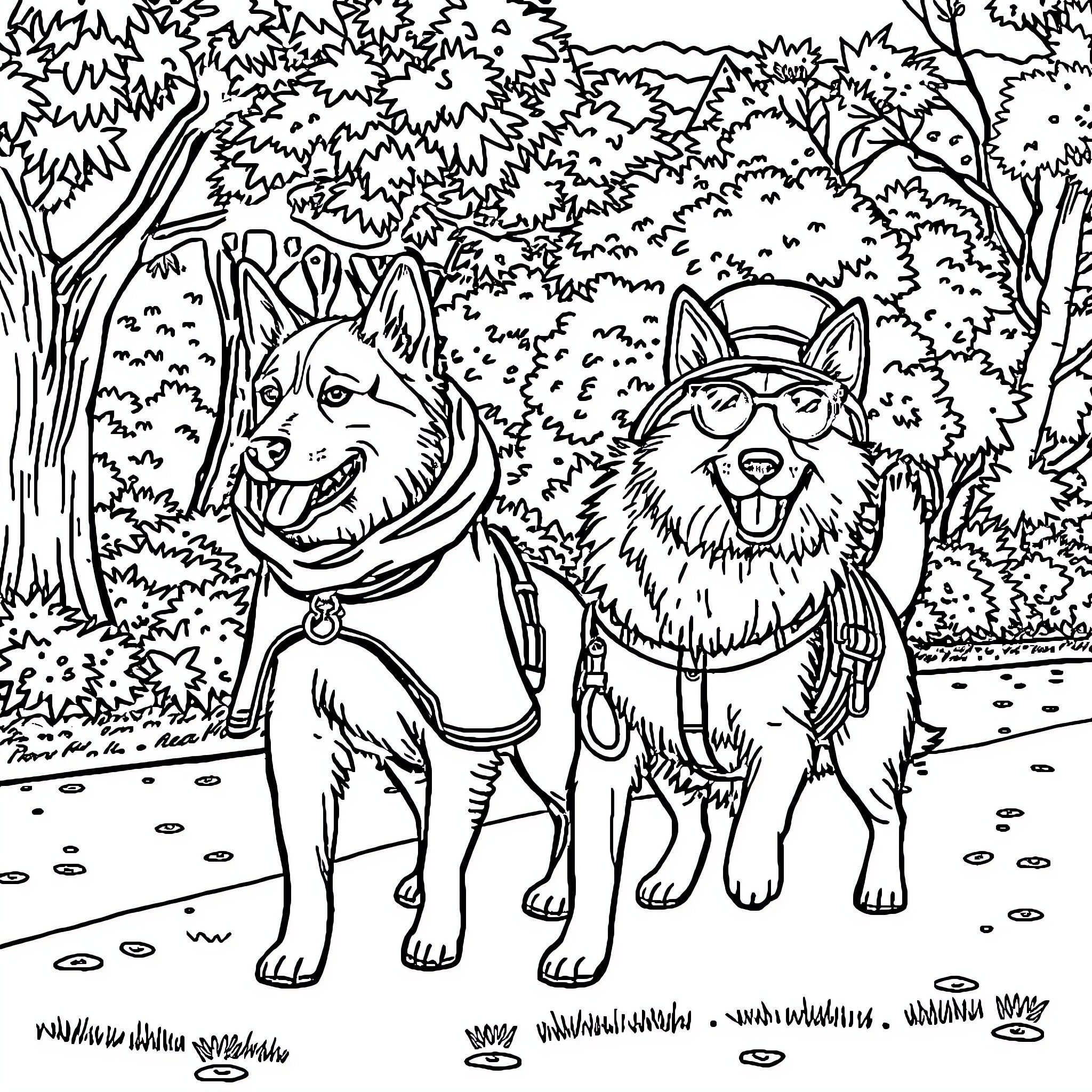 Dogs exploring the forest path together Coloring Page (free black-and-white line drawing printable PDF for all, from beginners to advanced learners, including children, teens, adults, and seniors)
