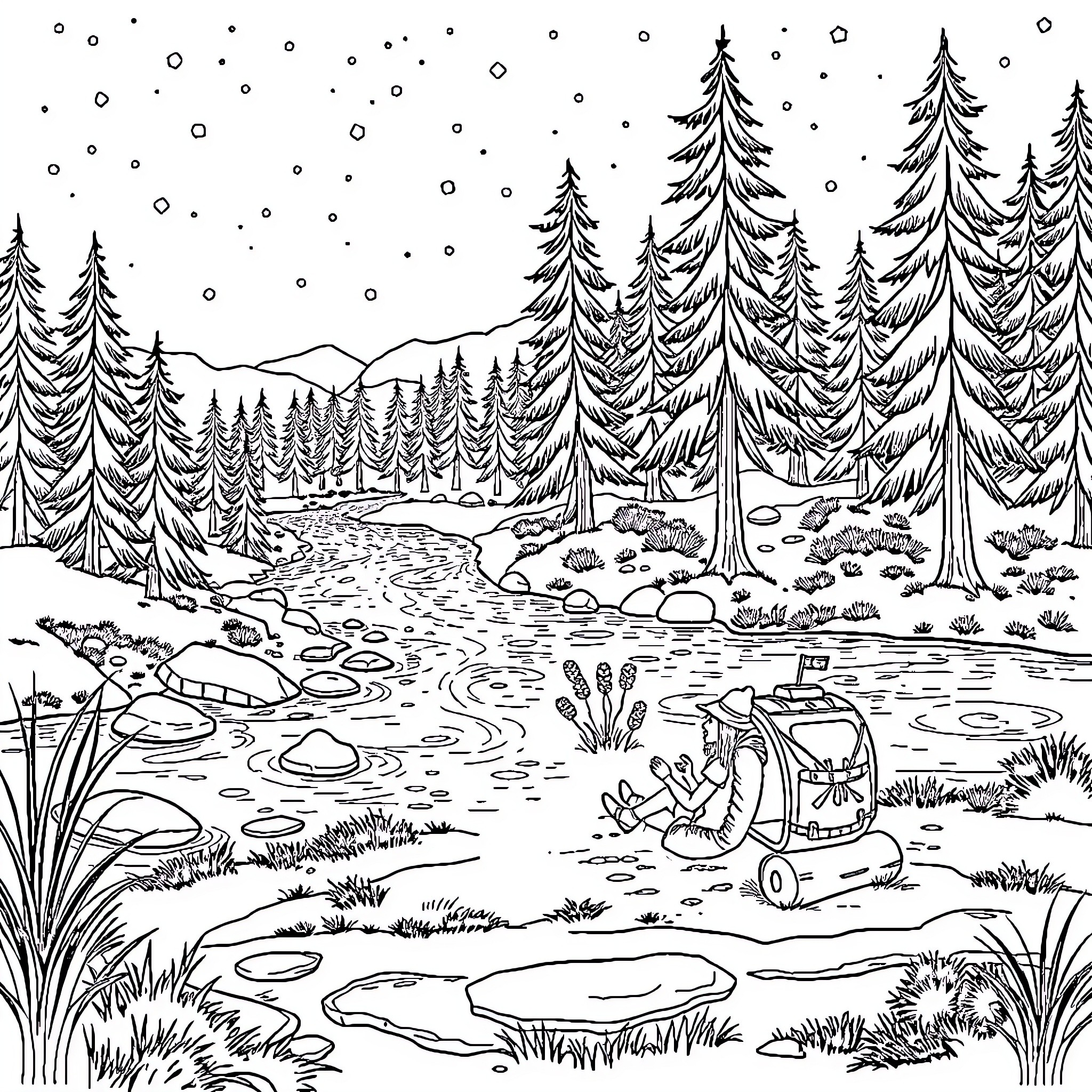 Camping in the serene winter wilderness Coloring Page (free black-and-white line drawing printable PDF for all, from beginners to advanced learners, including children, teens, adults, and seniors)