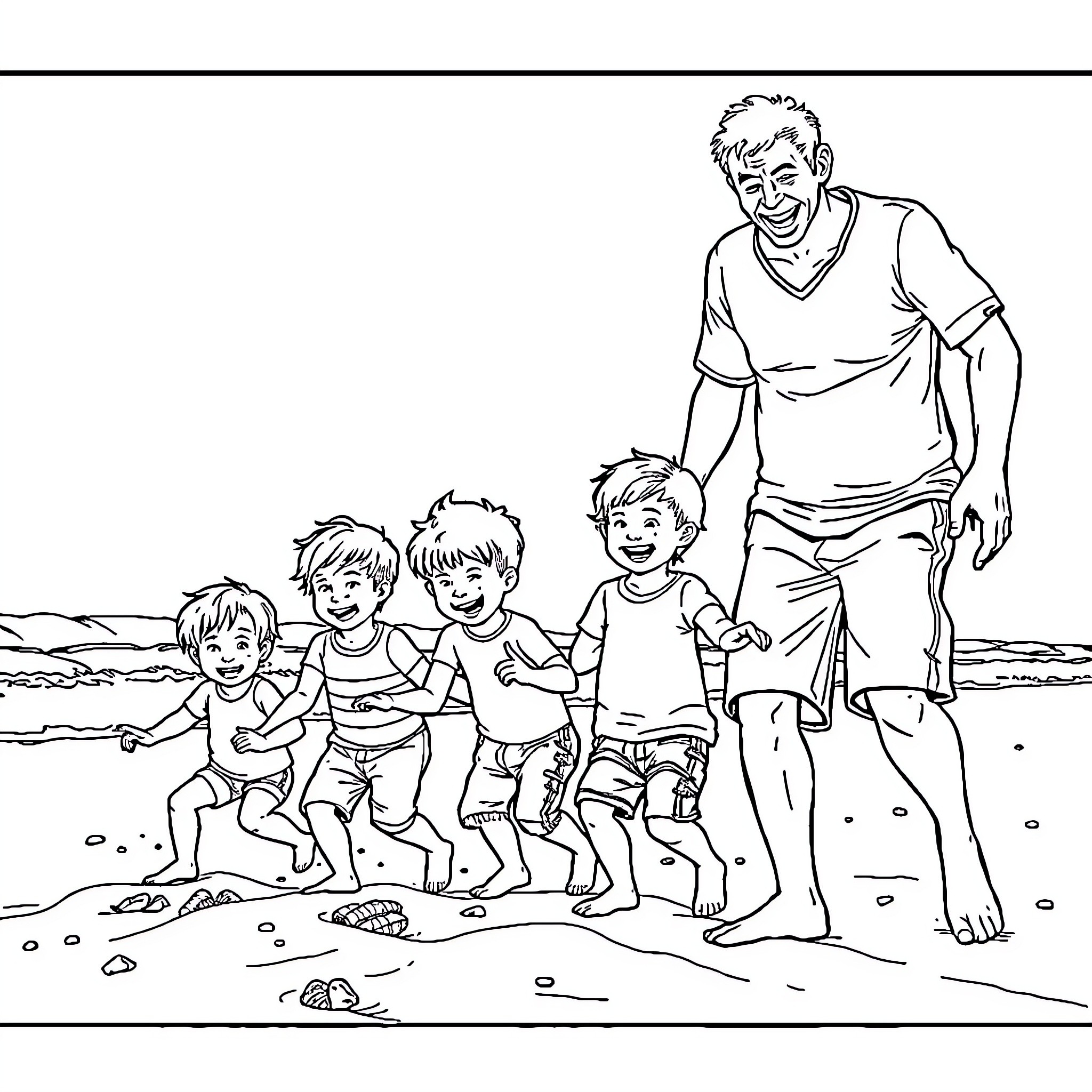 Papa takes children for a joyful beach outing Coloring Page (free black-and-white line drawing printable PDF for all, from beginners to advanced learners, including children, teens, adults, and seniors)