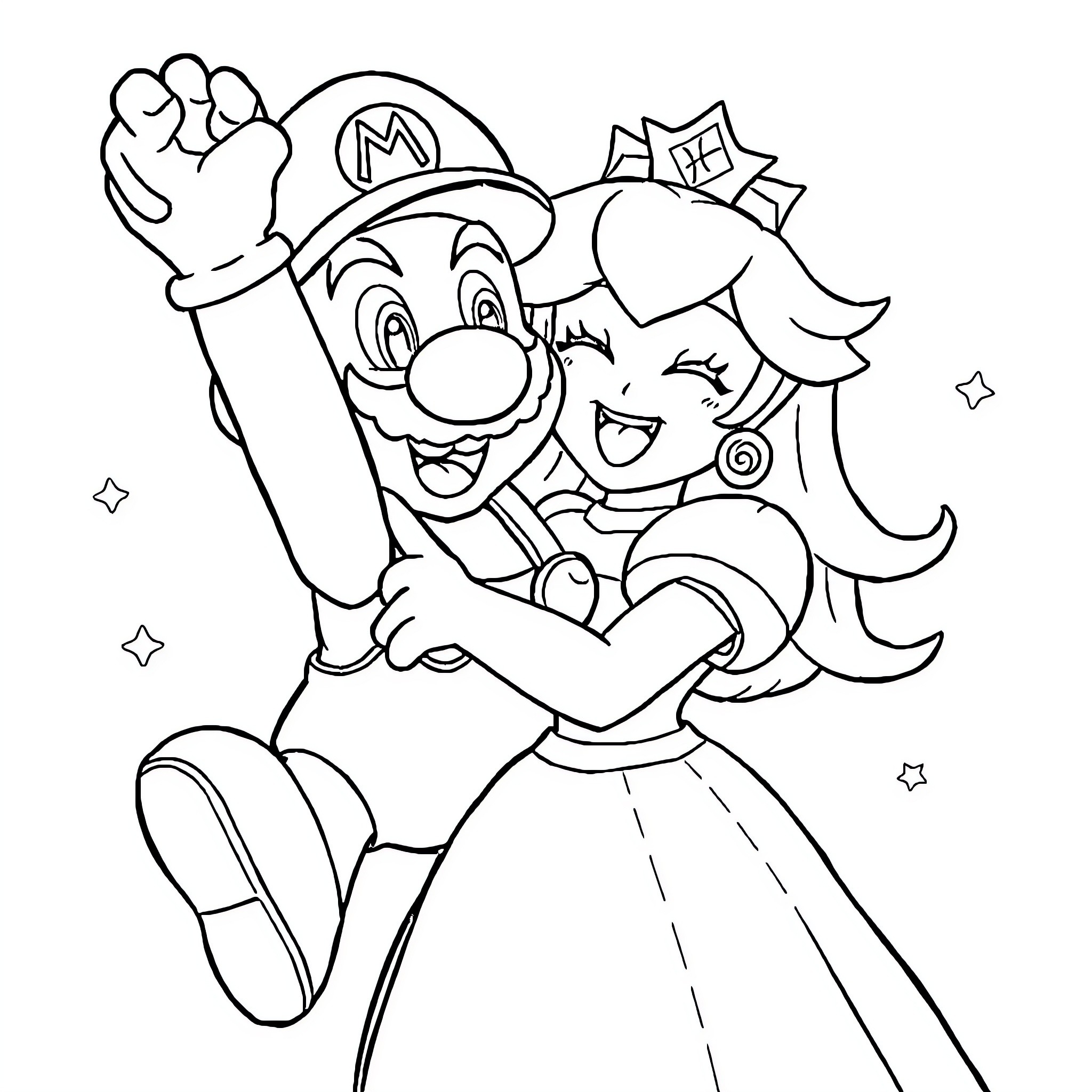 Mario and Princess Embracing Joyfully Coloring Page (free black-and-white line drawing printable PDF for all, from beginners to advanced learners, including children, teens, adults, and seniors)