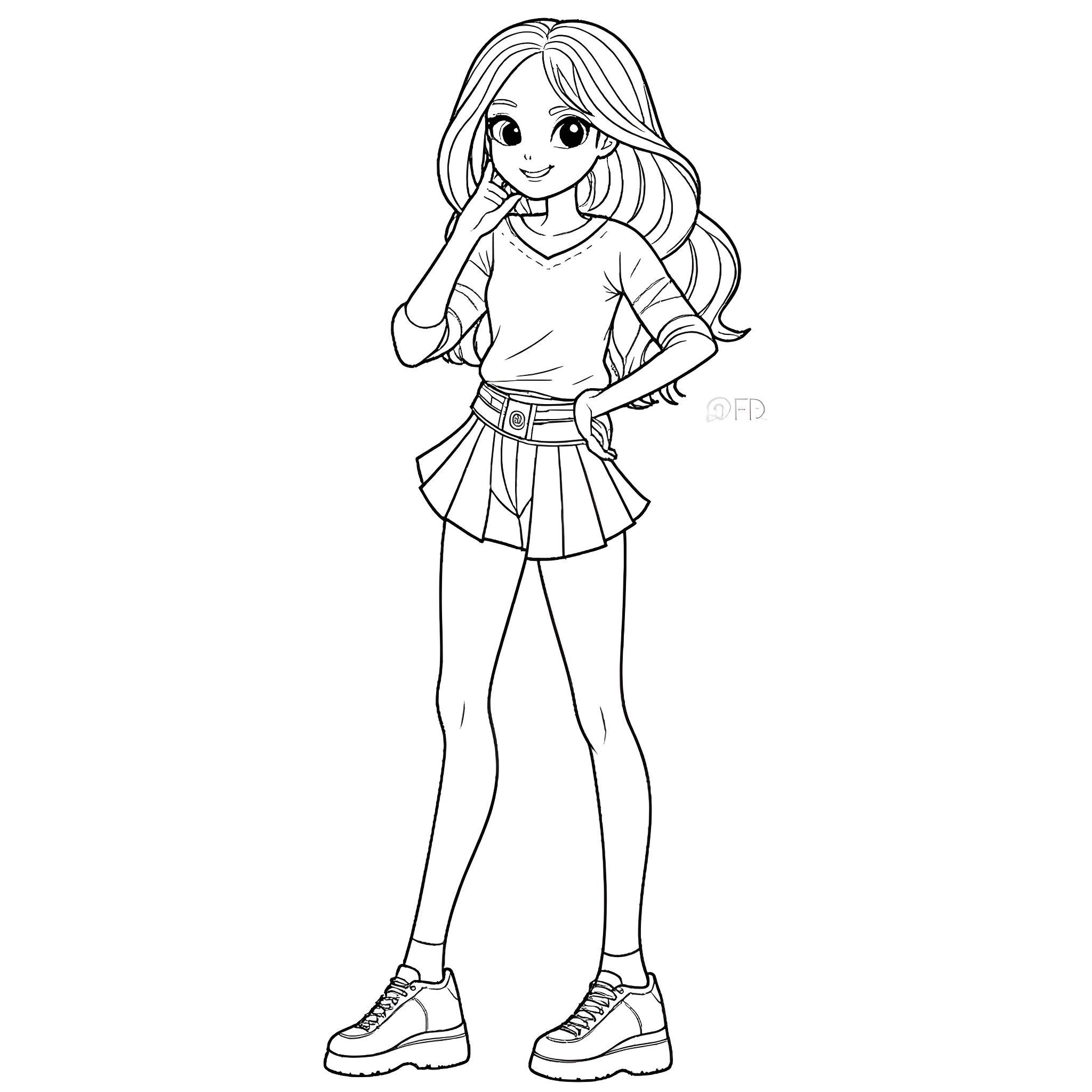 Girl in casual outfit standing and smiling Coloring Page (free black-and-white line drawing printable PDF for all, from beginners to advanced learners, including children, teens, adults, and seniors)