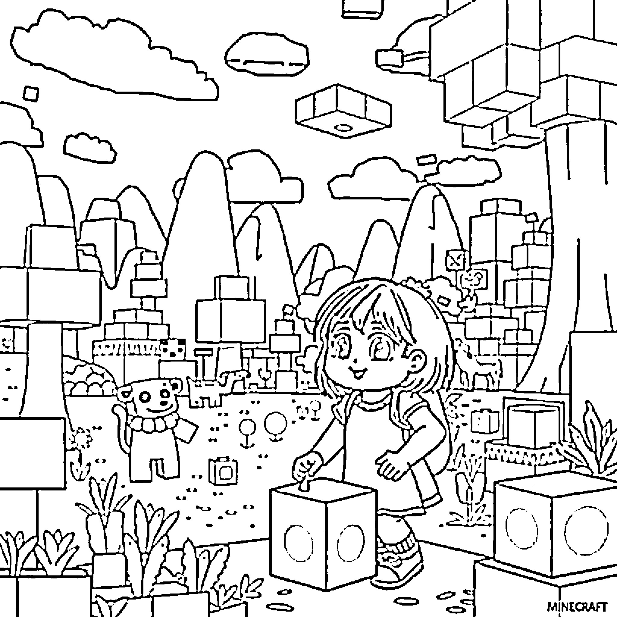 Baby Girl Exploring the Imaginative Cityscape Coloring Page (free black-and-white line drawing printable PDF for all, from beginners to advanced learners, including children, teens, adults, and seniors)