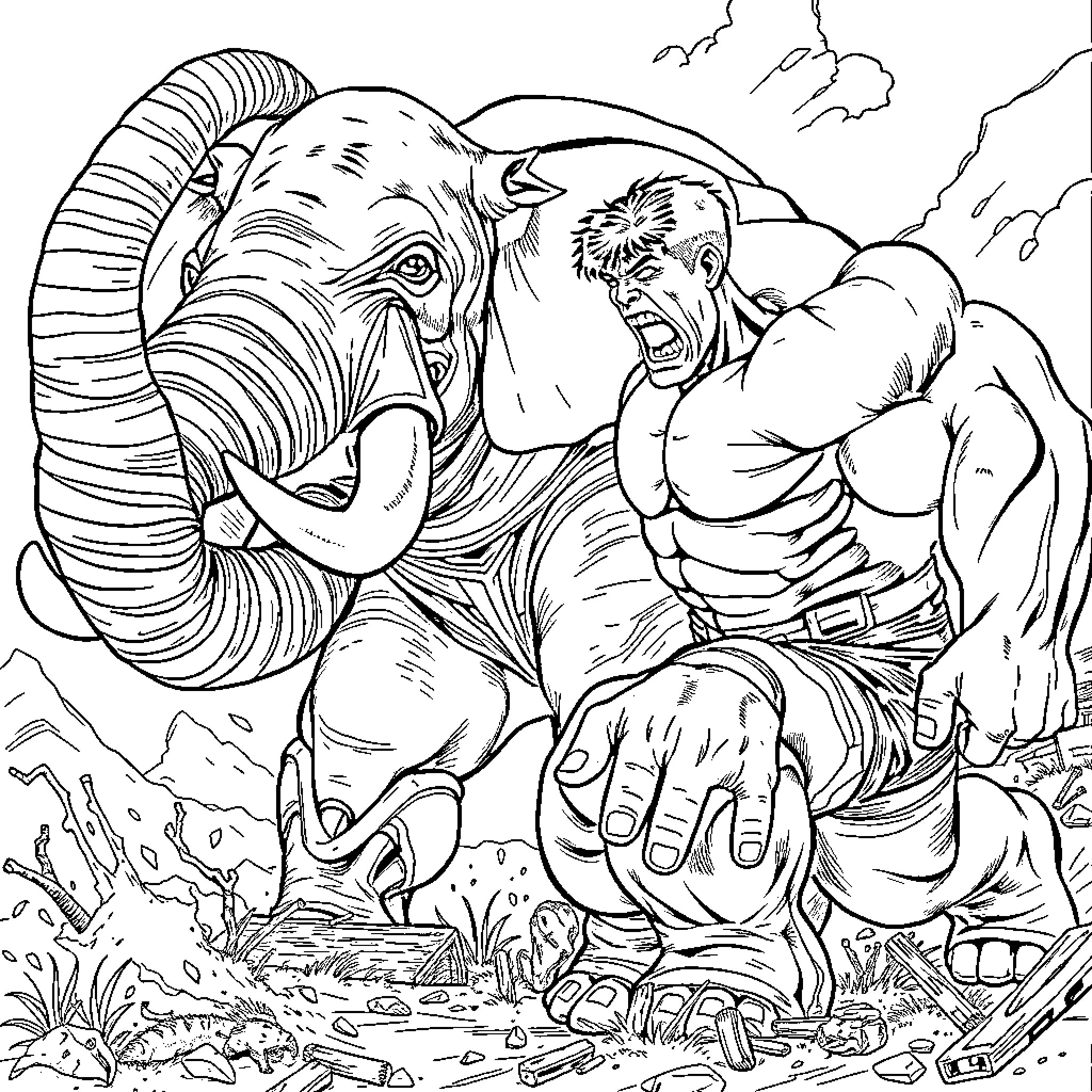 Hulk battles fierce elephant-like creature in wild landscape Coloring Page (free black-and-white line drawing printable PDF for all, from beginners to advanced learners, including children, teens, adults, and seniors)
