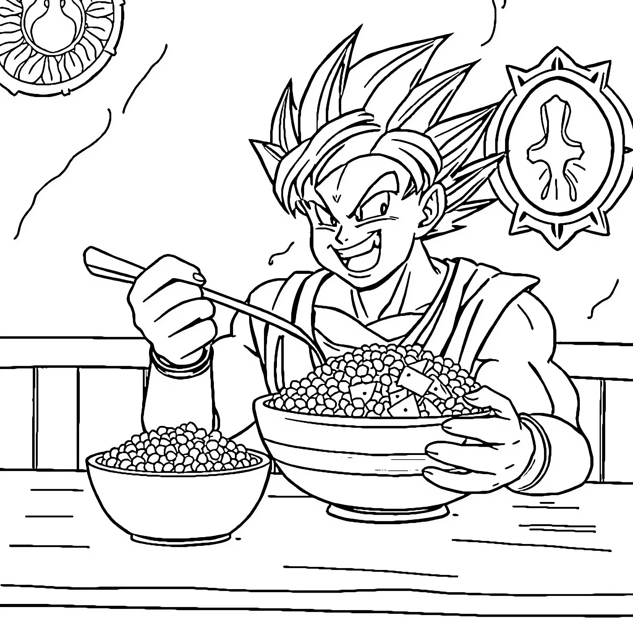 Sangoku enjoying a hearty meal Coloring Page (free black-and-white line drawing printable PDF for all, from beginners to advanced learners, including children, teens, adults, and seniors)