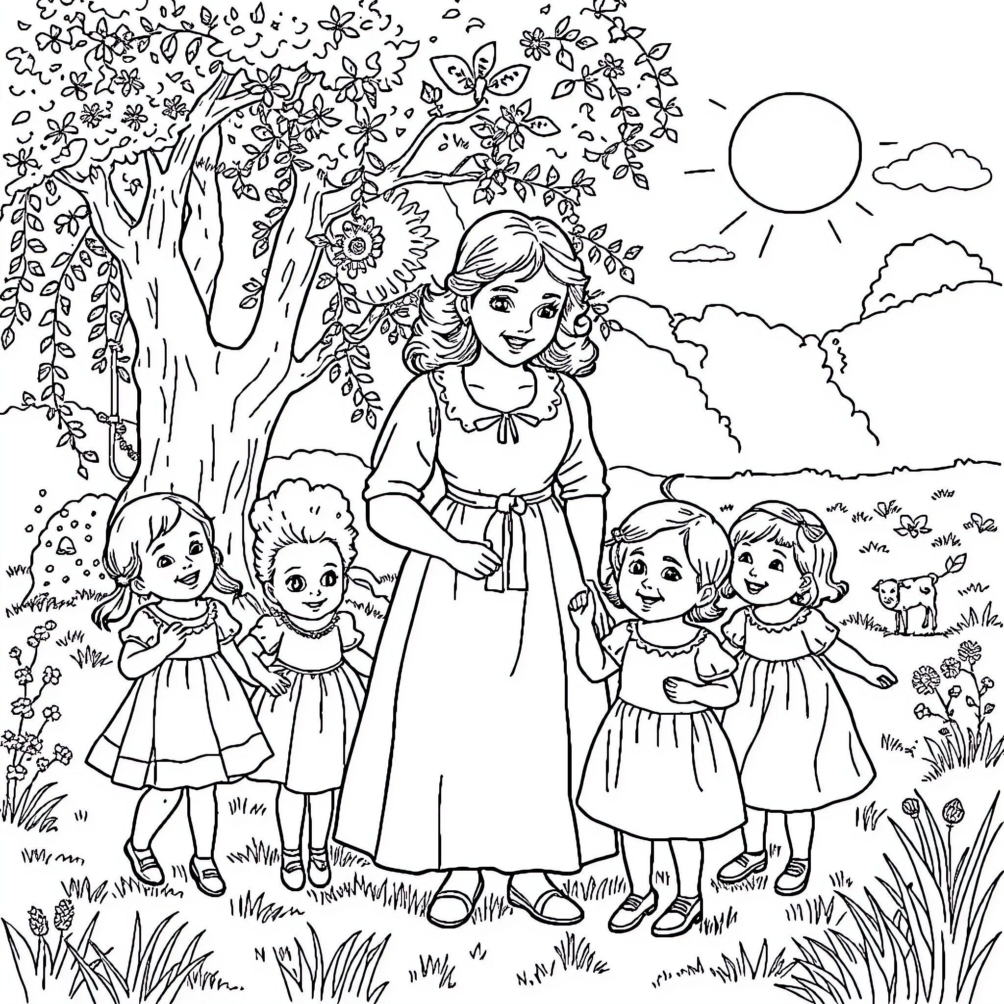 Child playing happily with friends in the garden Coloring Page (free black-and-white line drawing printable PDF for all, from beginners to advanced learners, including children, teens, adults, and seniors)