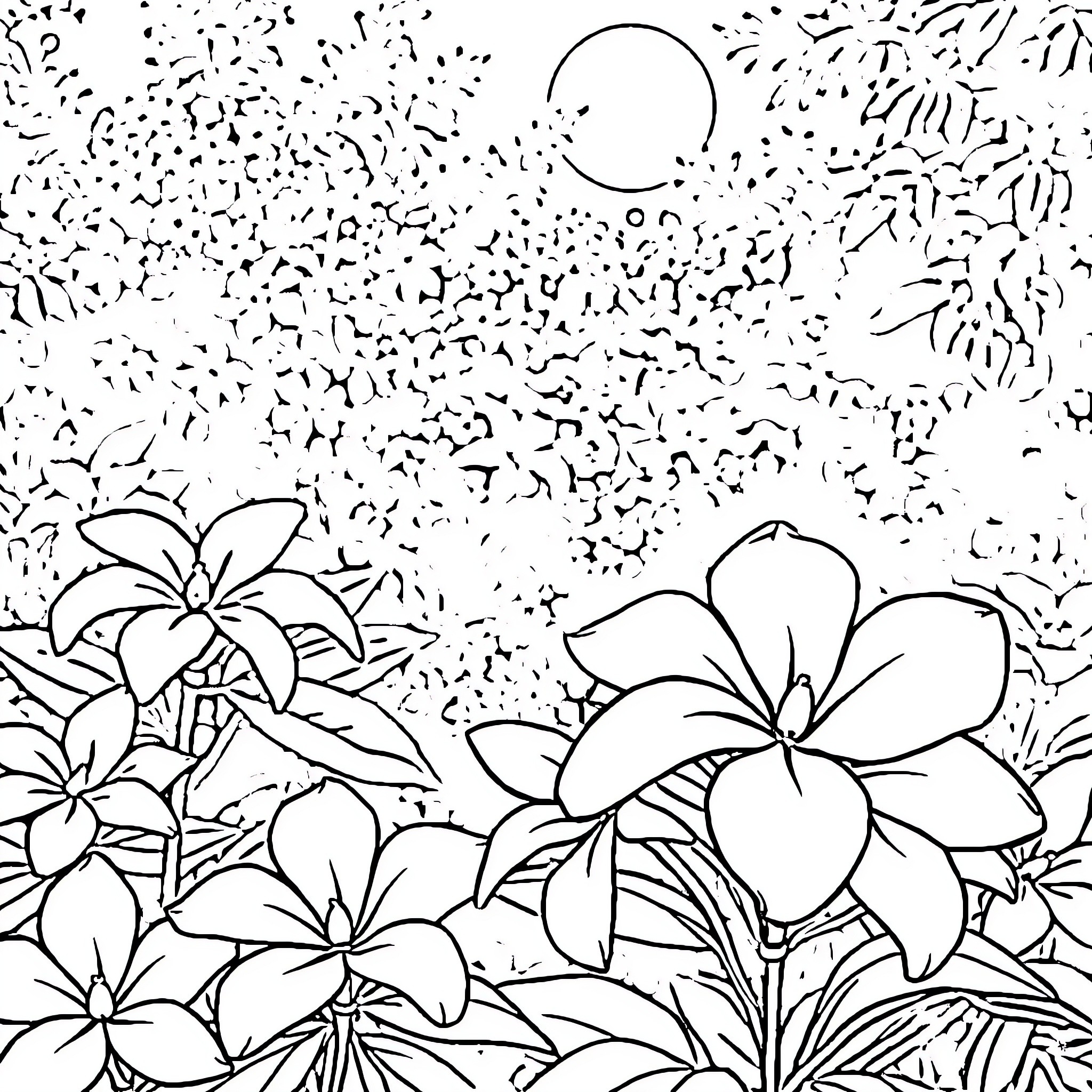 Jasmine's Floral Dreamscape Coloring Page (free black-and-white line drawing printable PDF for all, from beginners to advanced learners, including children, teens, adults, and seniors)