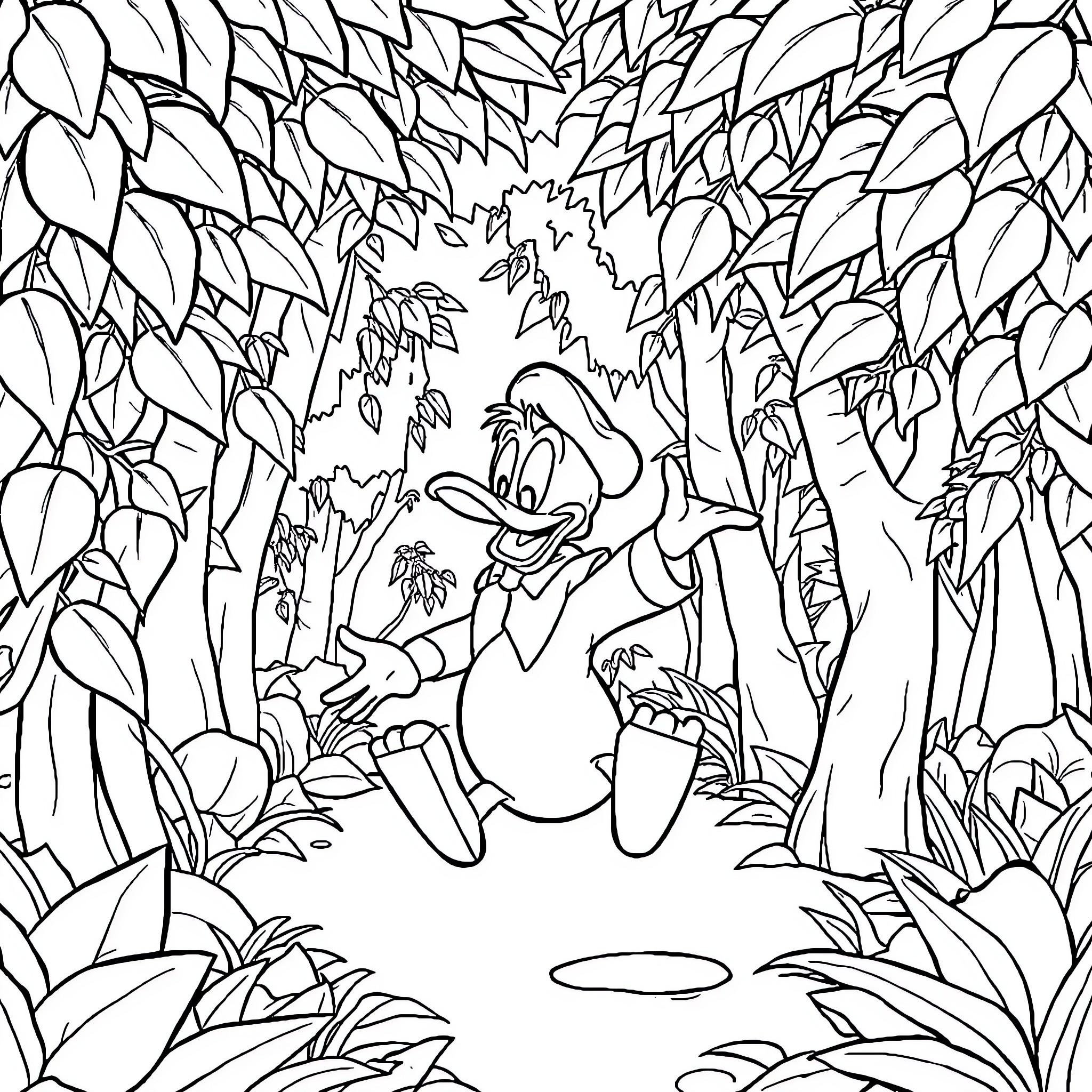 Donald Duck exploring the lush forest Coloring Page (free black-and-white line drawing printable PDF for all, from beginners to advanced learners, including children, teens, adults, and seniors)