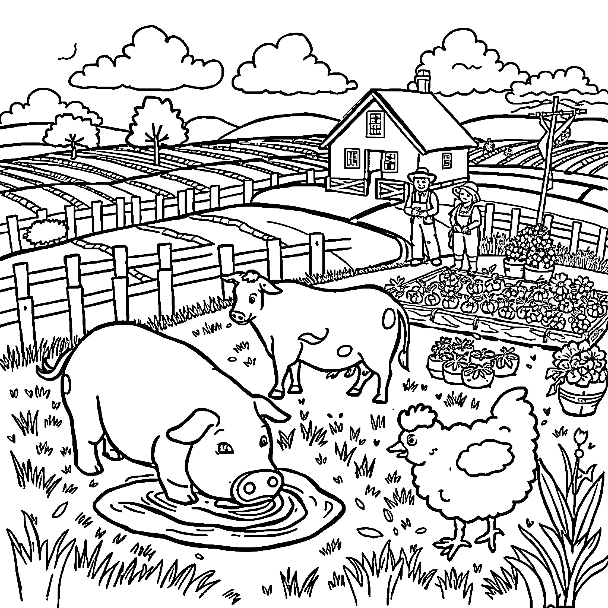Farm Scene with Animals and People Coloring Page (free black-and-white line drawing printable PDF for all, from beginners to advanced learners, including children, teens, adults, and seniors)