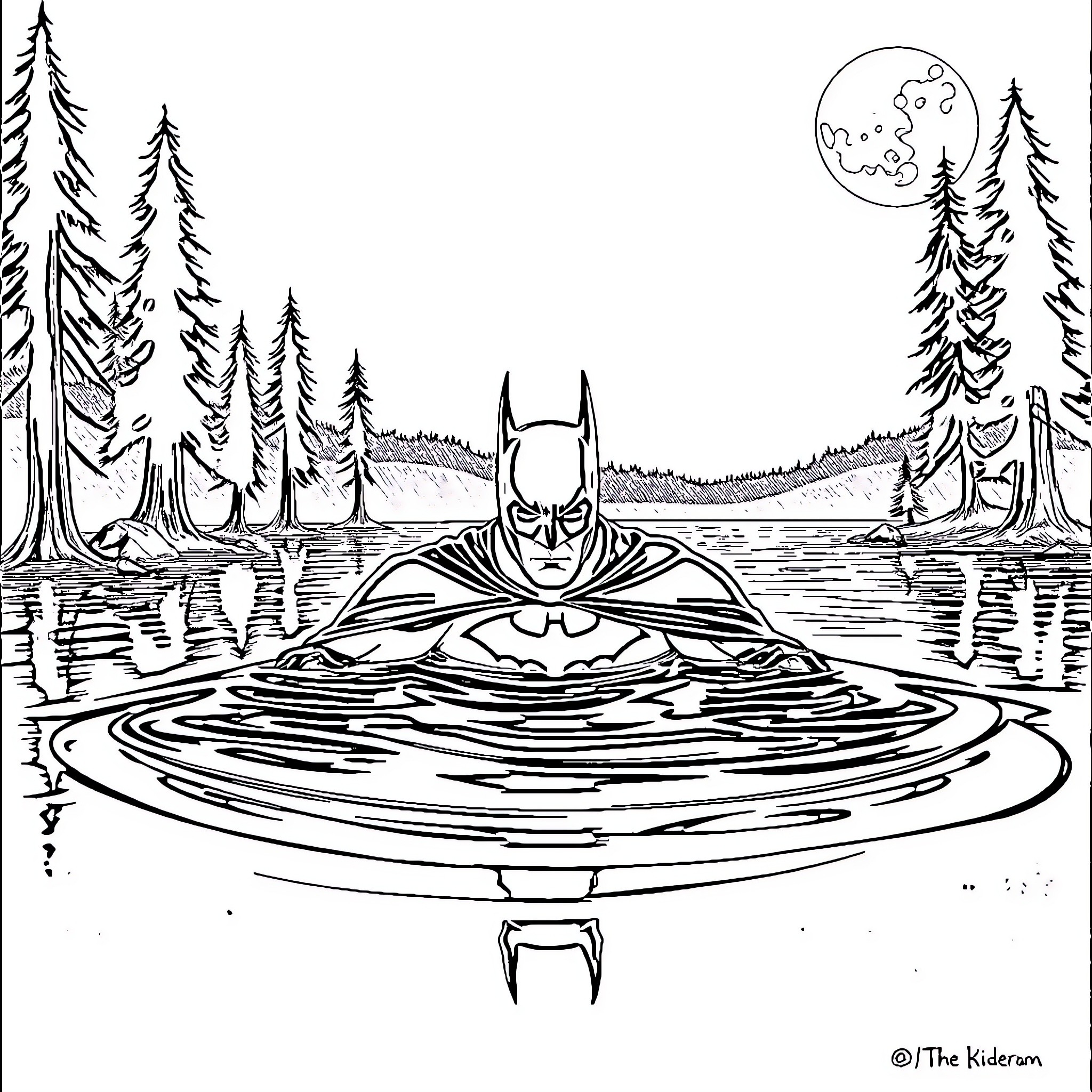 Batman walking on water in a serene forest landscape Coloring Page (free black-and-white line drawing printable PDF for all, from beginners to advanced learners, including children, teens, adults, and seniors)