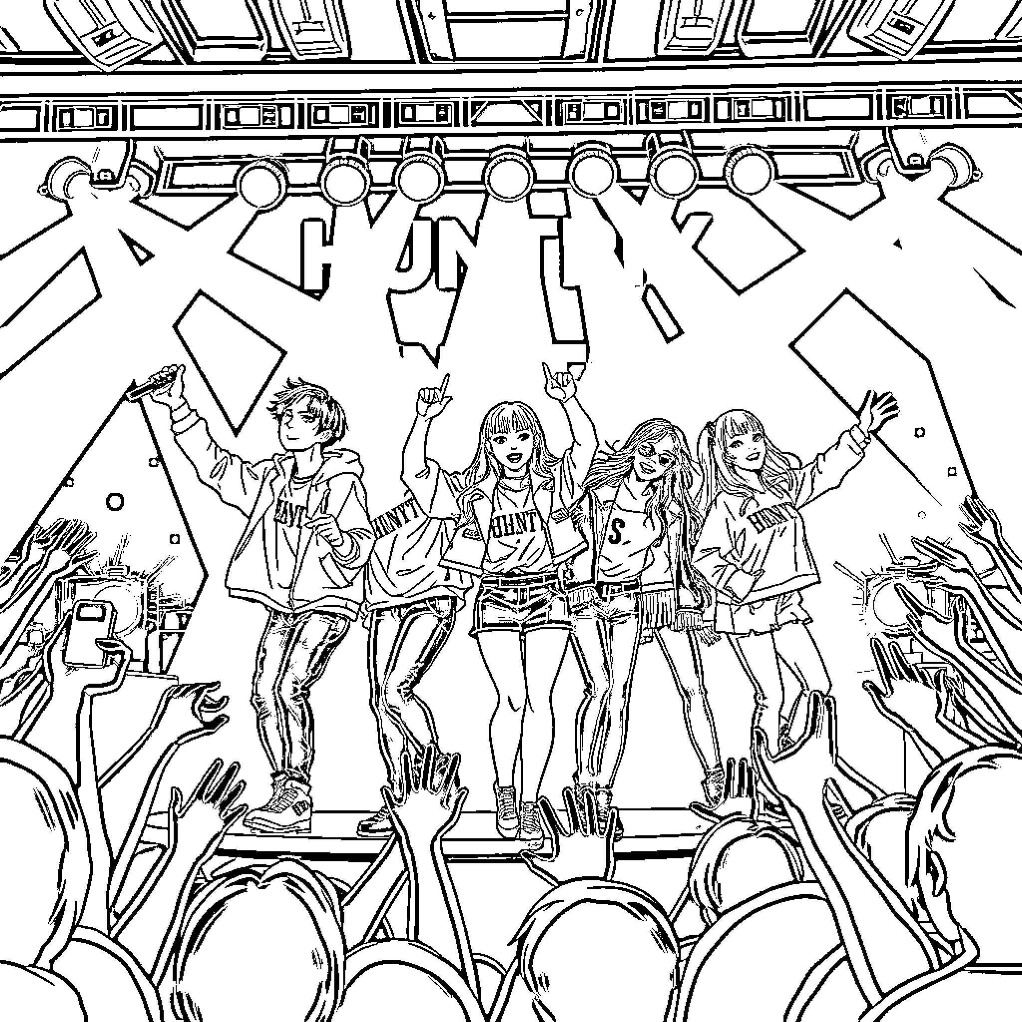 Huntrix Energetic Music Performance on Stage Coloring Page (free black-and-white line drawing printable PDF for all, from beginners to advanced learners, including children, teens, adults, and seniors)