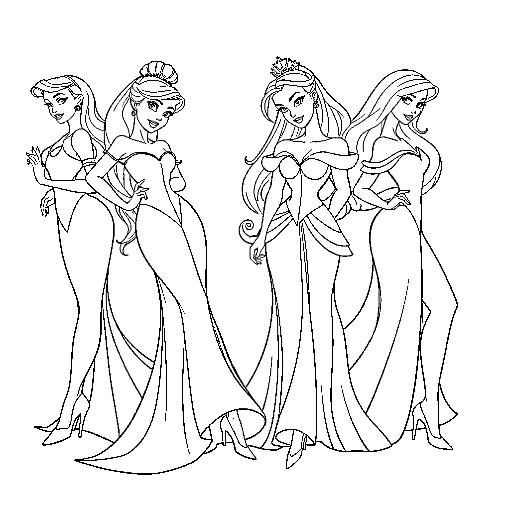 Disney Princesses in Elegant Gowns and Posing Coloring Page (free black-and-white line drawing printable PDF for all, from beginners to advanced learners, including children, teens, adults, and seniors)