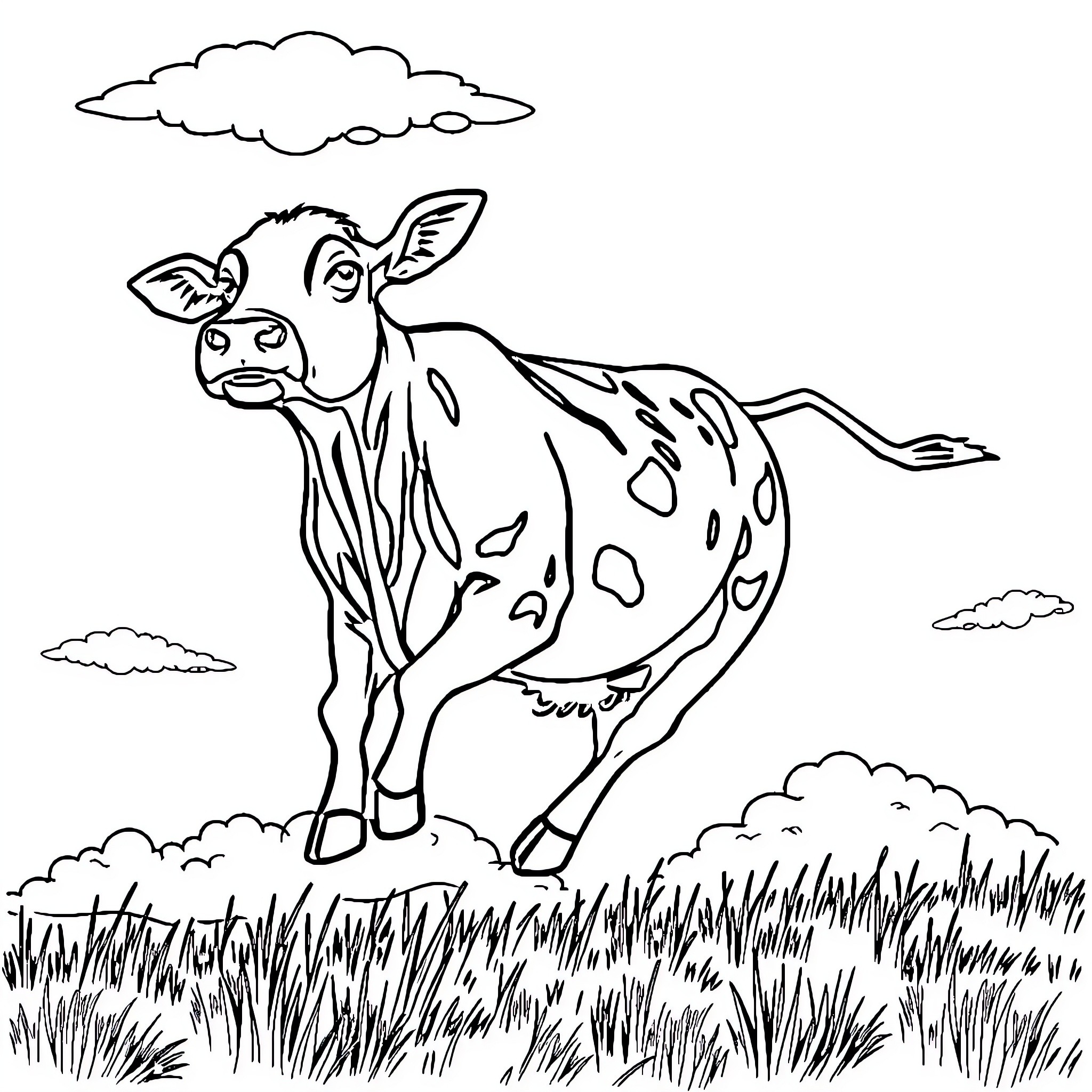Cow exploring the grassy field Coloring Page (free black-and-white line drawing printable PDF for all, from beginners to advanced learners, including children, teens, adults, and seniors)
