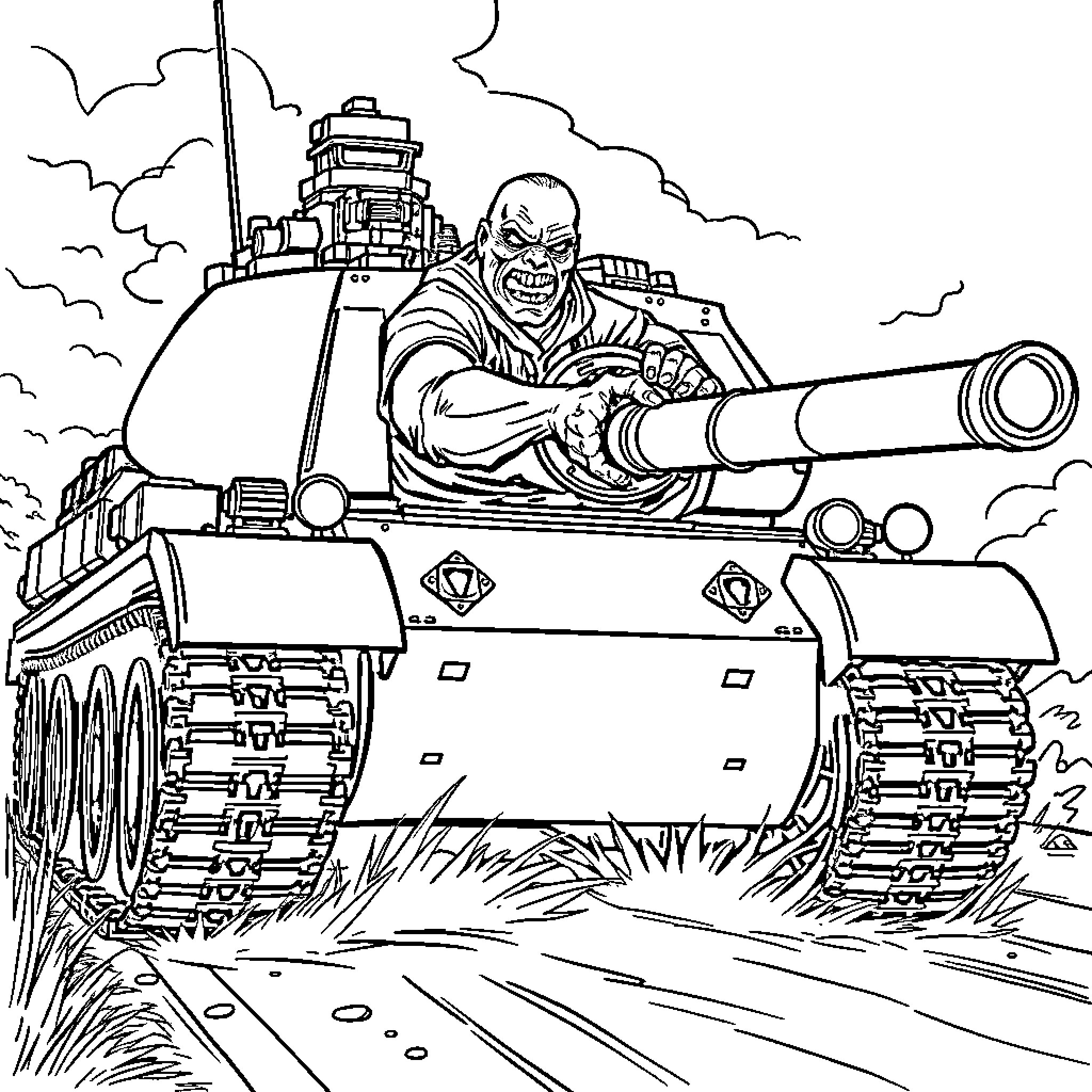 Tank with a fierce warrior operating it in battle Coloring Page (free black-and-white line drawing printable PDF for all, from beginners to advanced learners, including children, teens, adults, and seniors)
