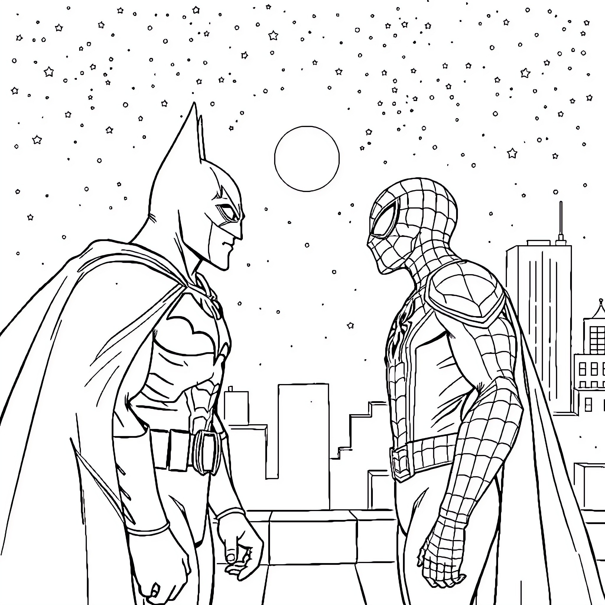 Batman and Spider-Man facing off in the city Coloring Page (free black-and-white line drawing printable PDF for all, from beginners to advanced learners, including children, teens, adults, and seniors)