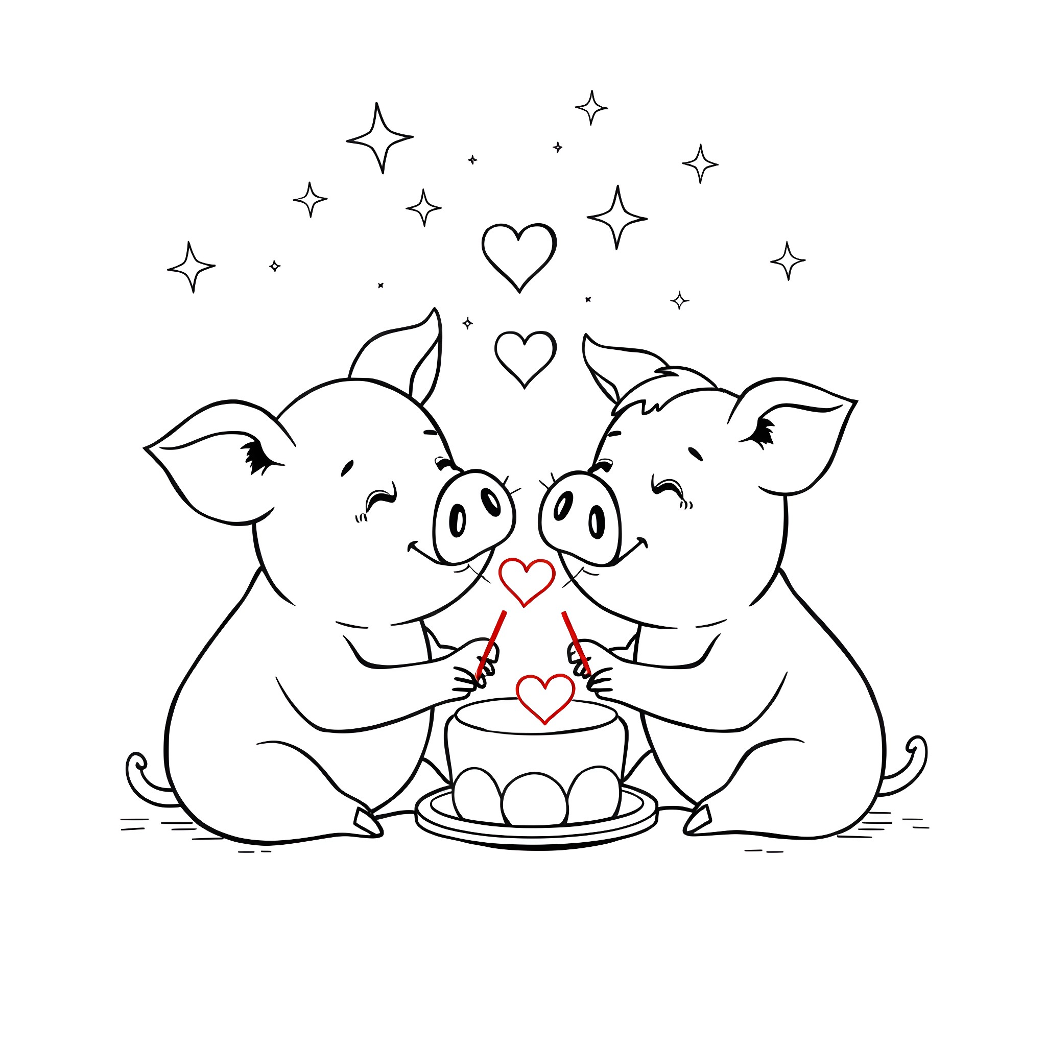 Pigs sharing a heart-shaped cake with stars Coloring Page (free black-and-white line drawing printable PDF for all, from beginners to advanced learners, including children, teens, adults, and seniors)